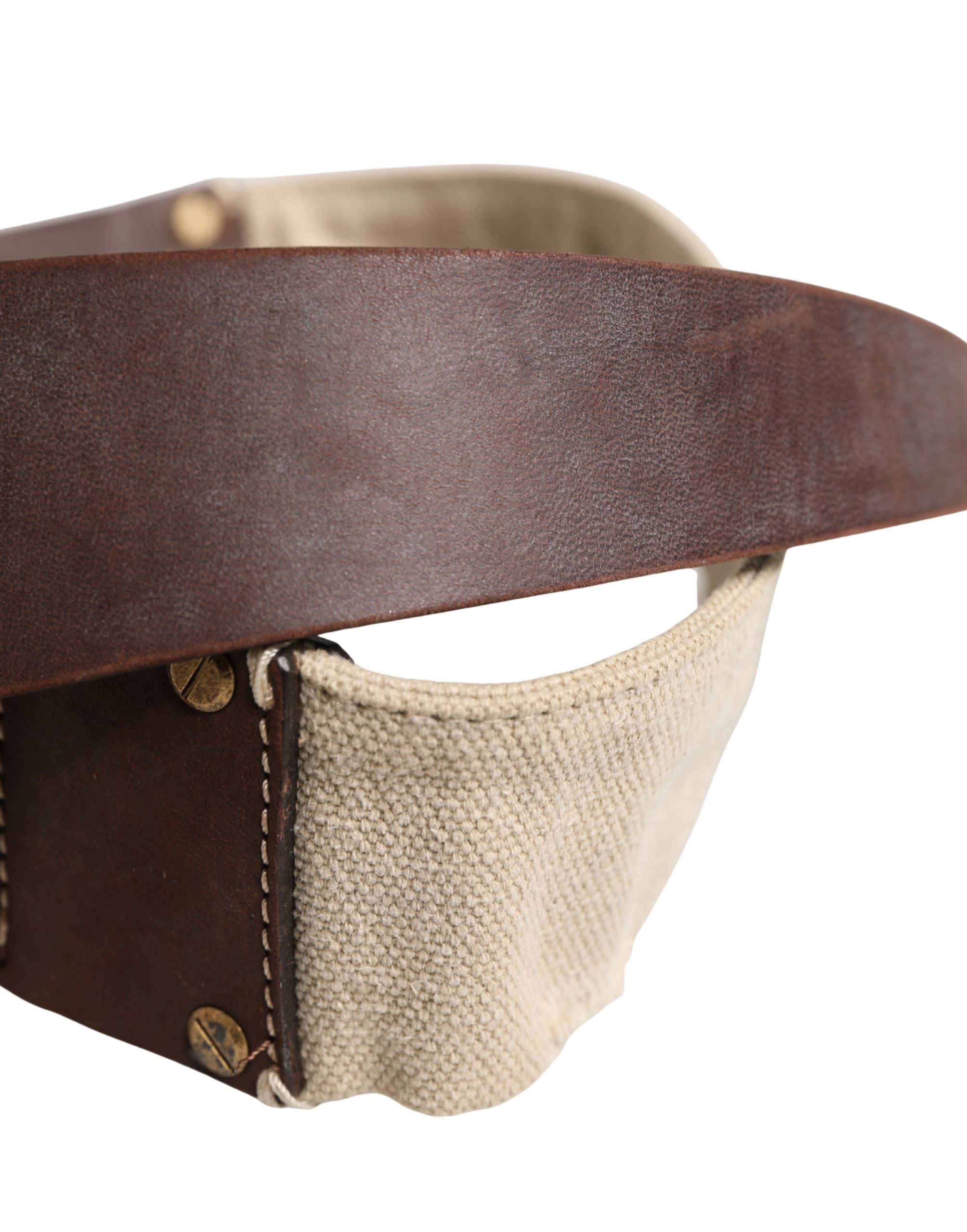 Beige Brown Leather Canvas Metal Buckle Belt