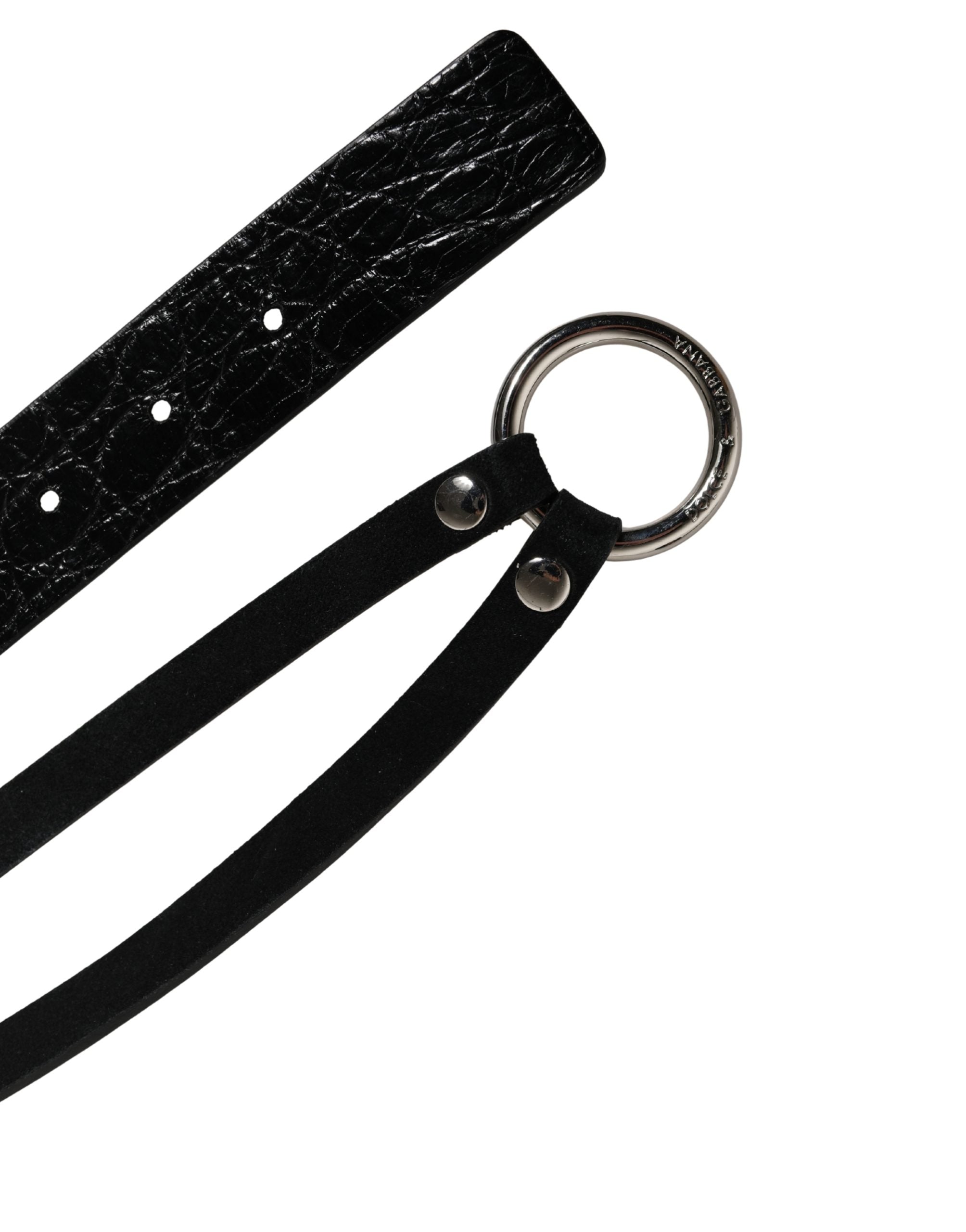Black Exotic Leather Silver Metal Buckle Belt