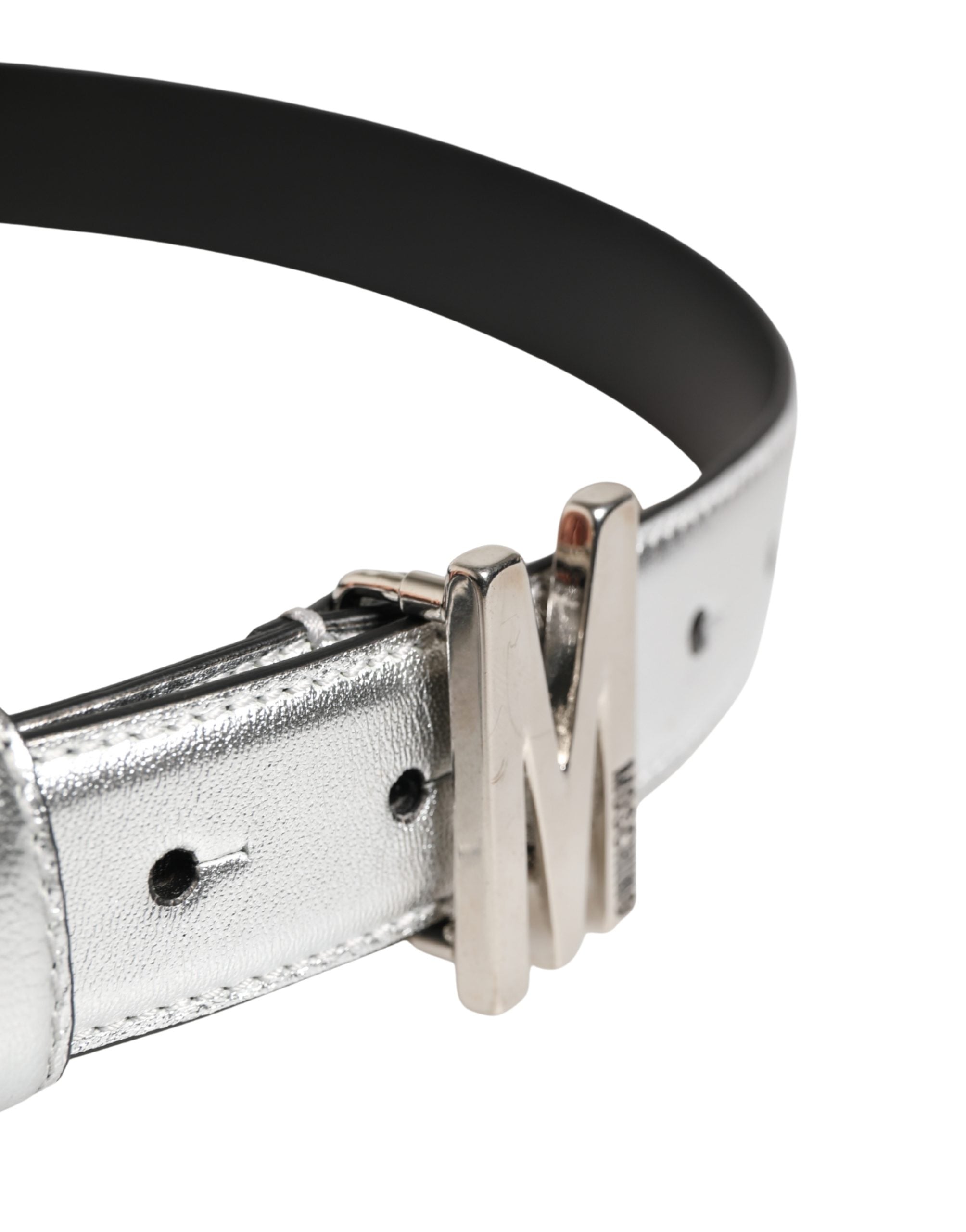 Silver Leather Logo Metal Buckle Waist Belt