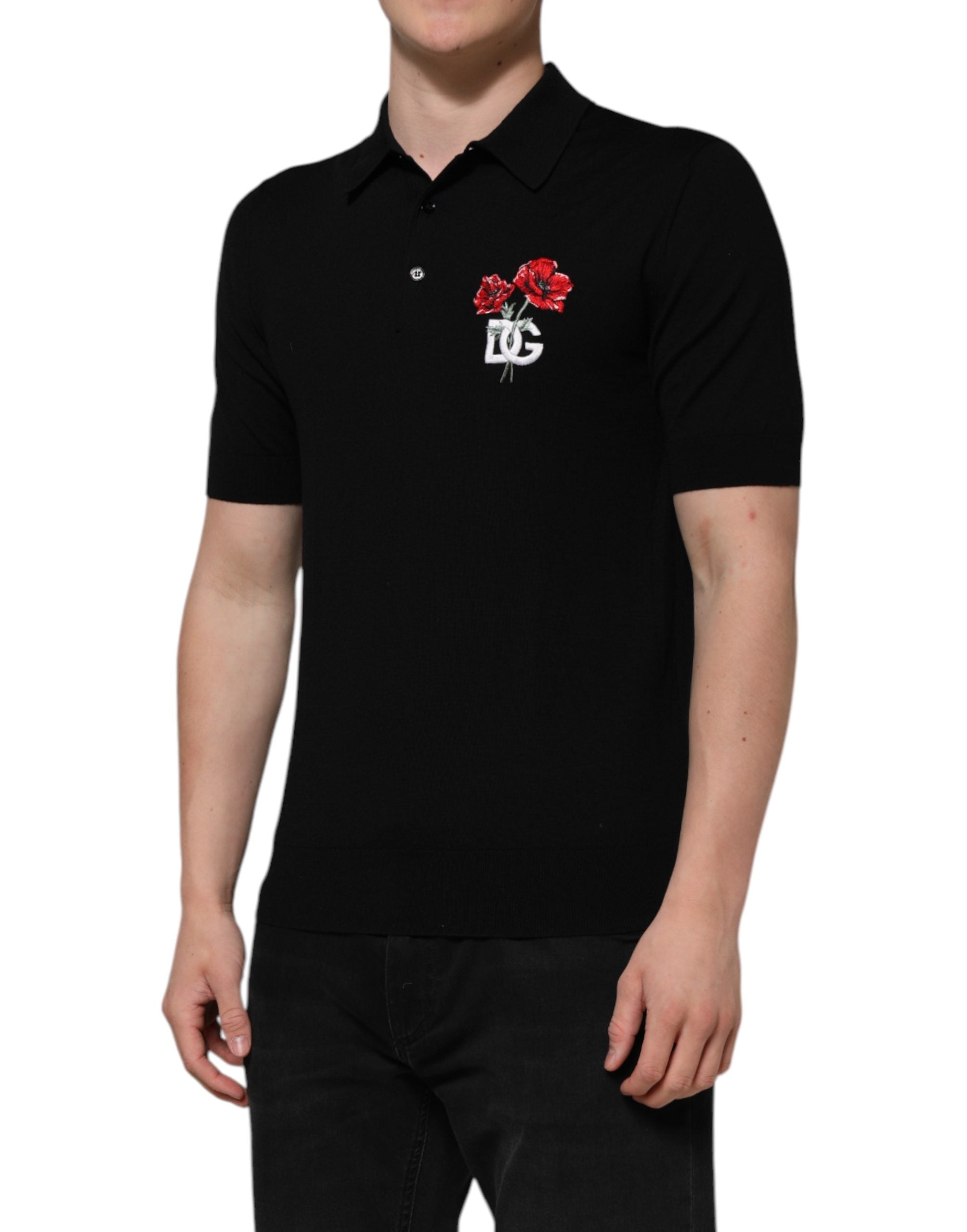 Black Wool Logo Floral Short Sleeve T-shirt