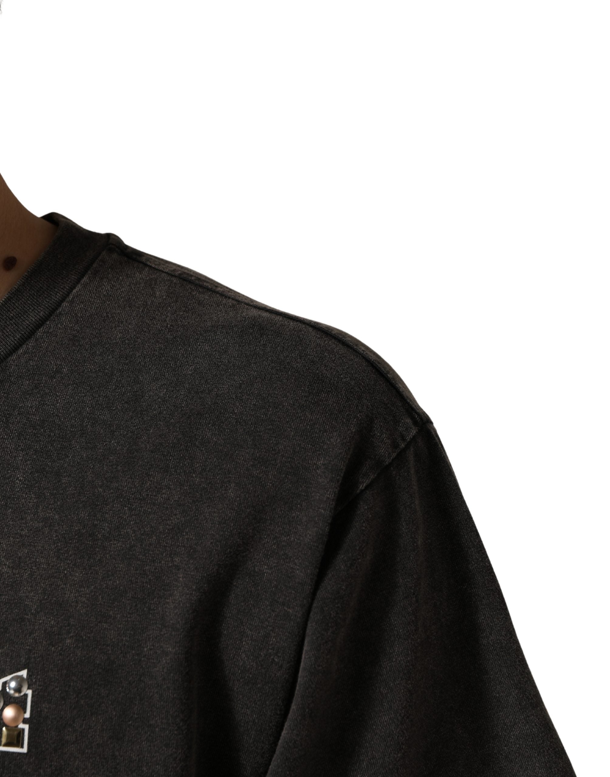 Gray Logo Embellished Men Crew Neck T-shirt