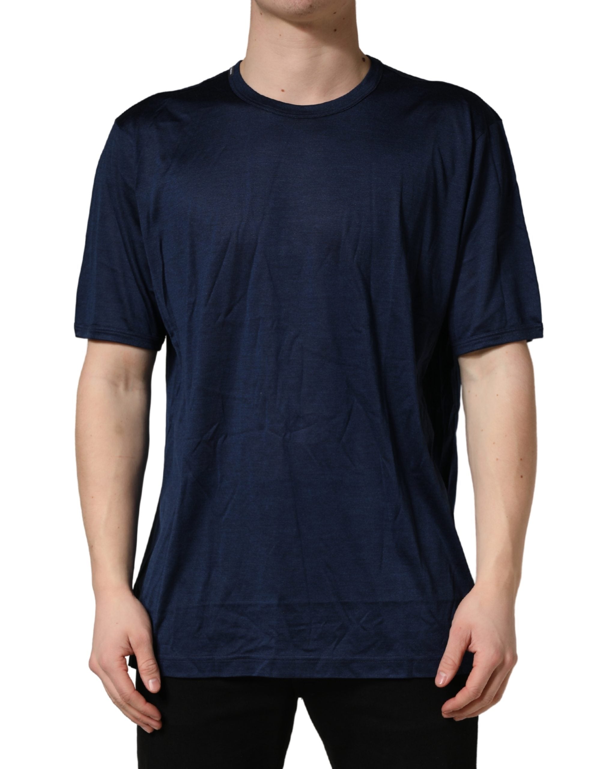 Dark Blue Silk Short Sleeve CrewNeck T-shirt