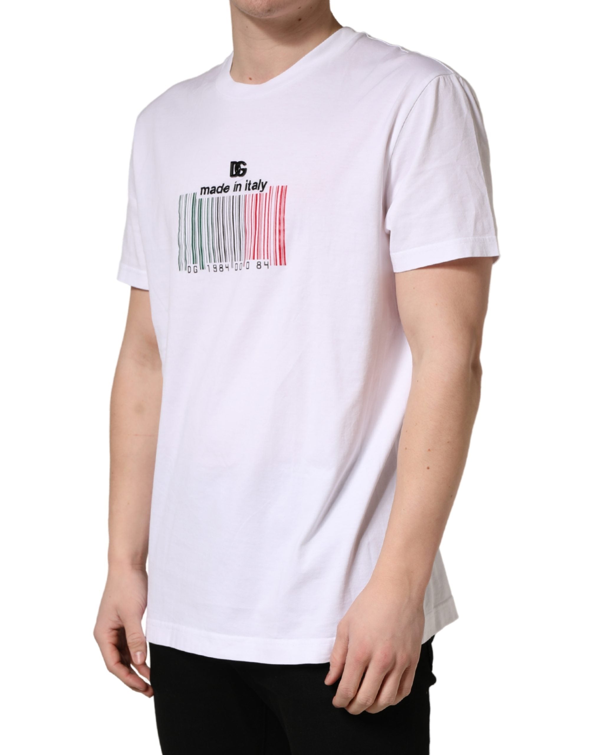 White Barcode Cotton Crew Neck Men T-shirt
