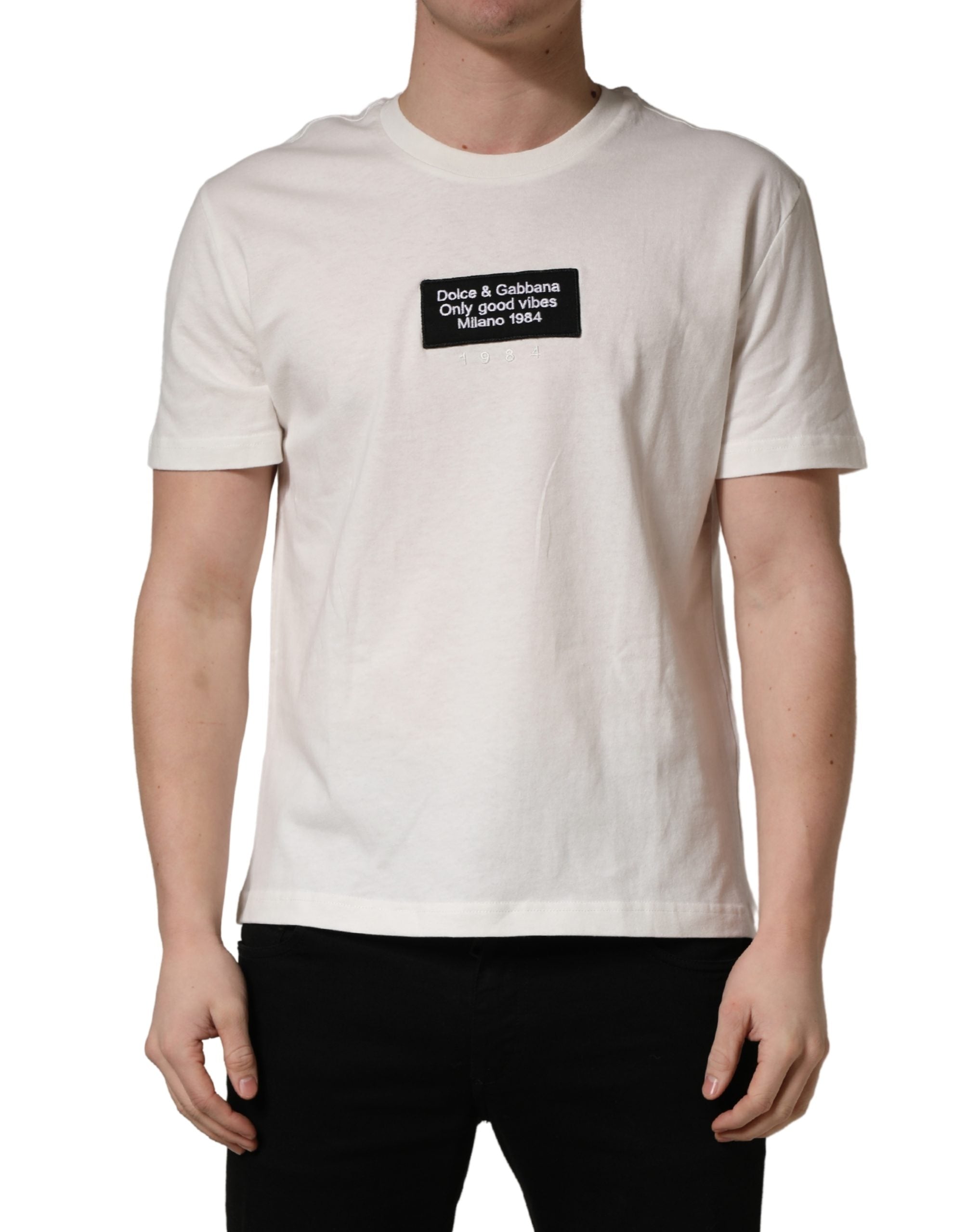 White Logo Patch Cotton Men Crew Neck  T-shirt