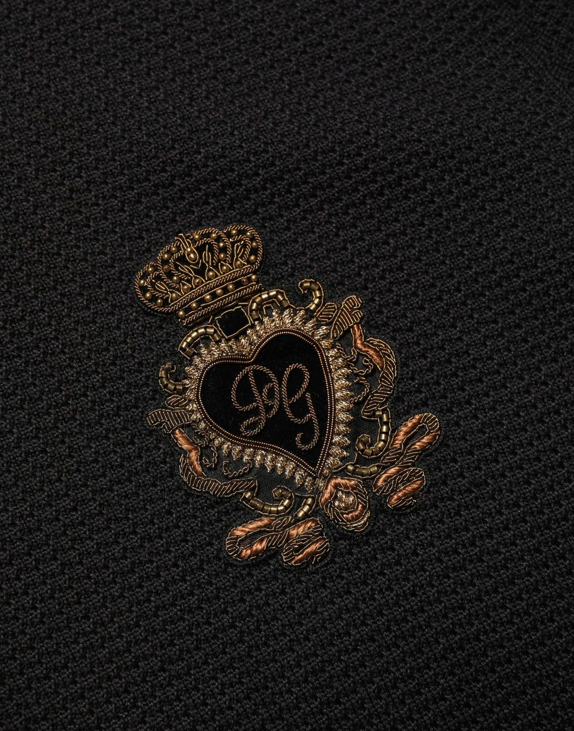 Black Heraldic Crest Patch Silk Polo T-shirt