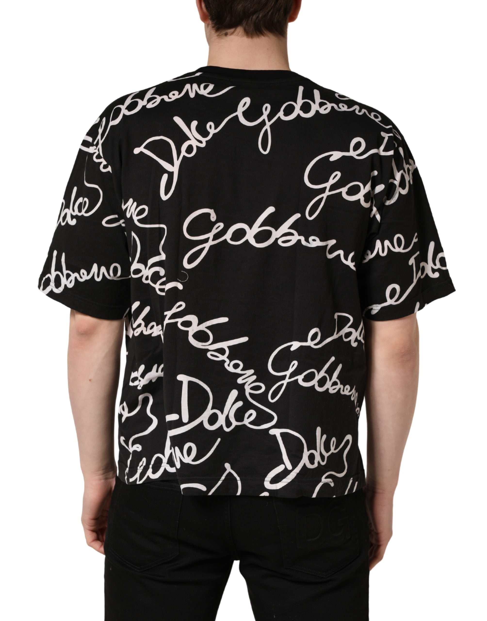 Black Script Logo Print Men Crew Neck T-shirt