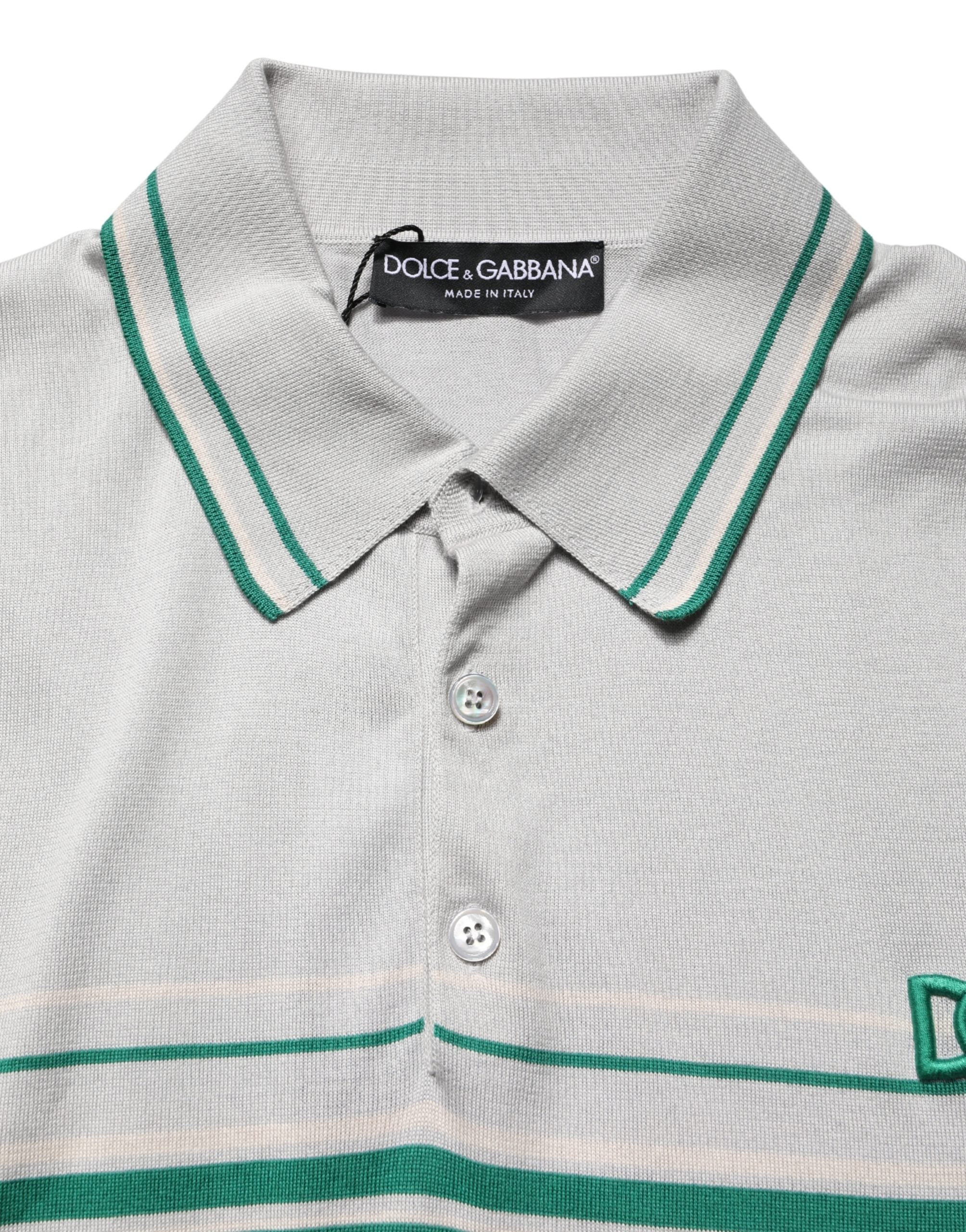 Gray Green Striped Logo Silk Polo T-shirt