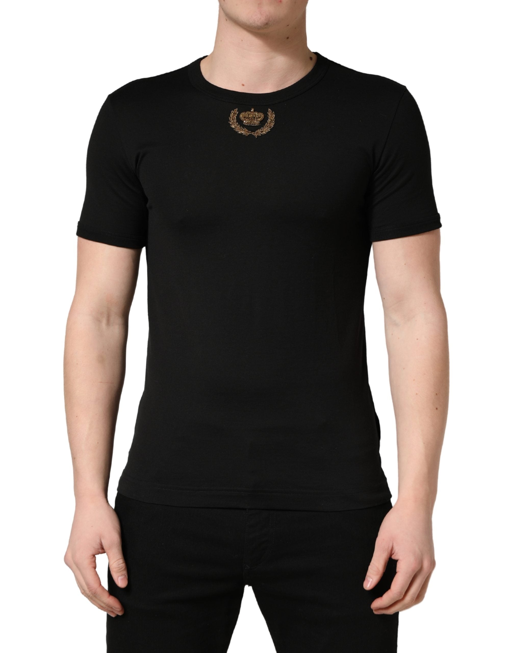 Black Crown Embroidery Men Crew Neck  T-shirt