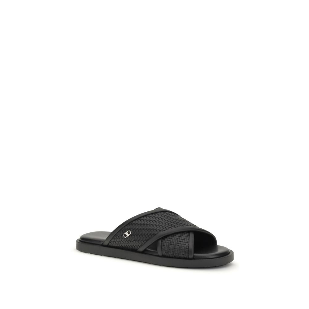 Black Calf Leather Bos Taurus Flat Sandals