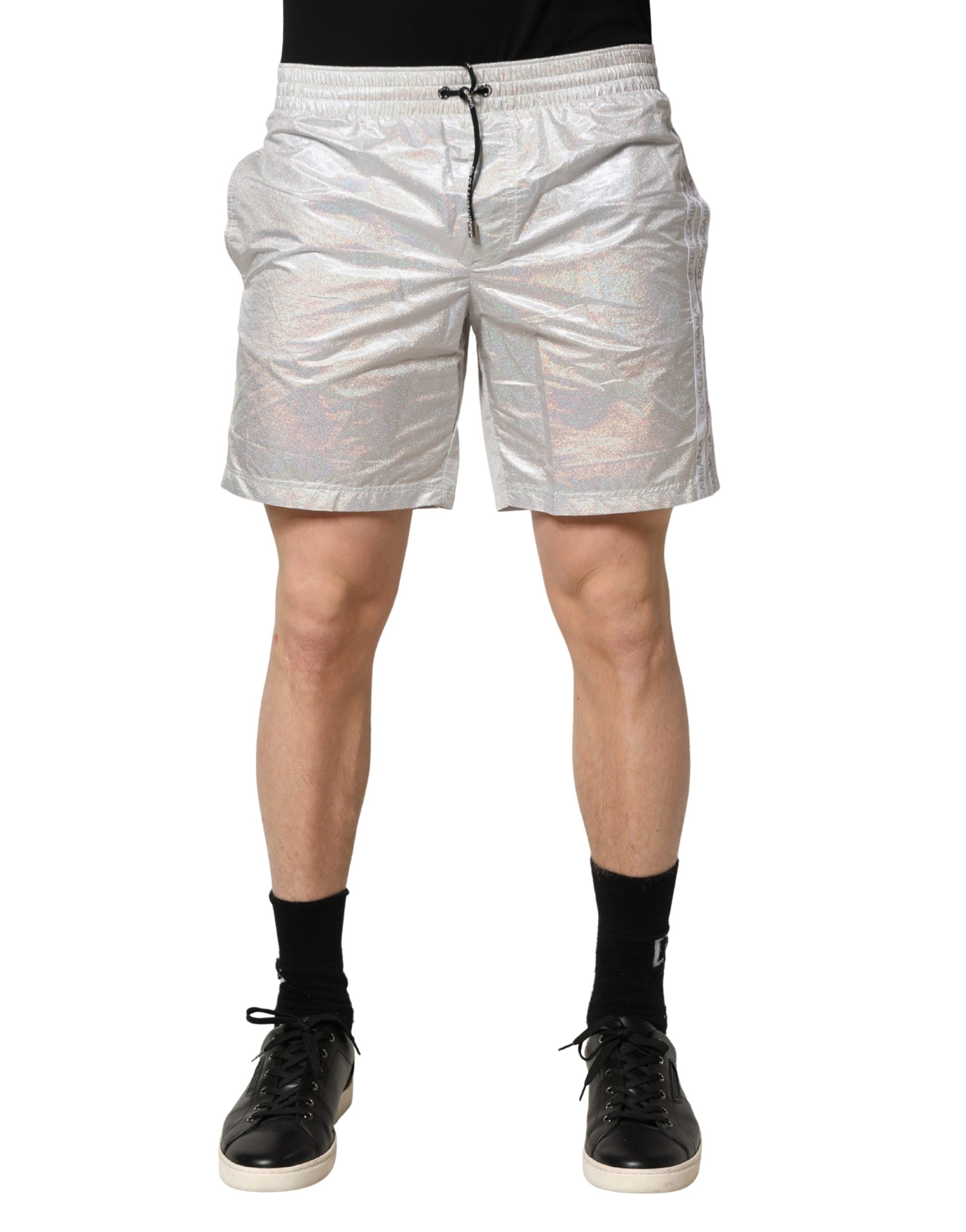 Silver Polyester Drawstring Men Shorts Swimwear