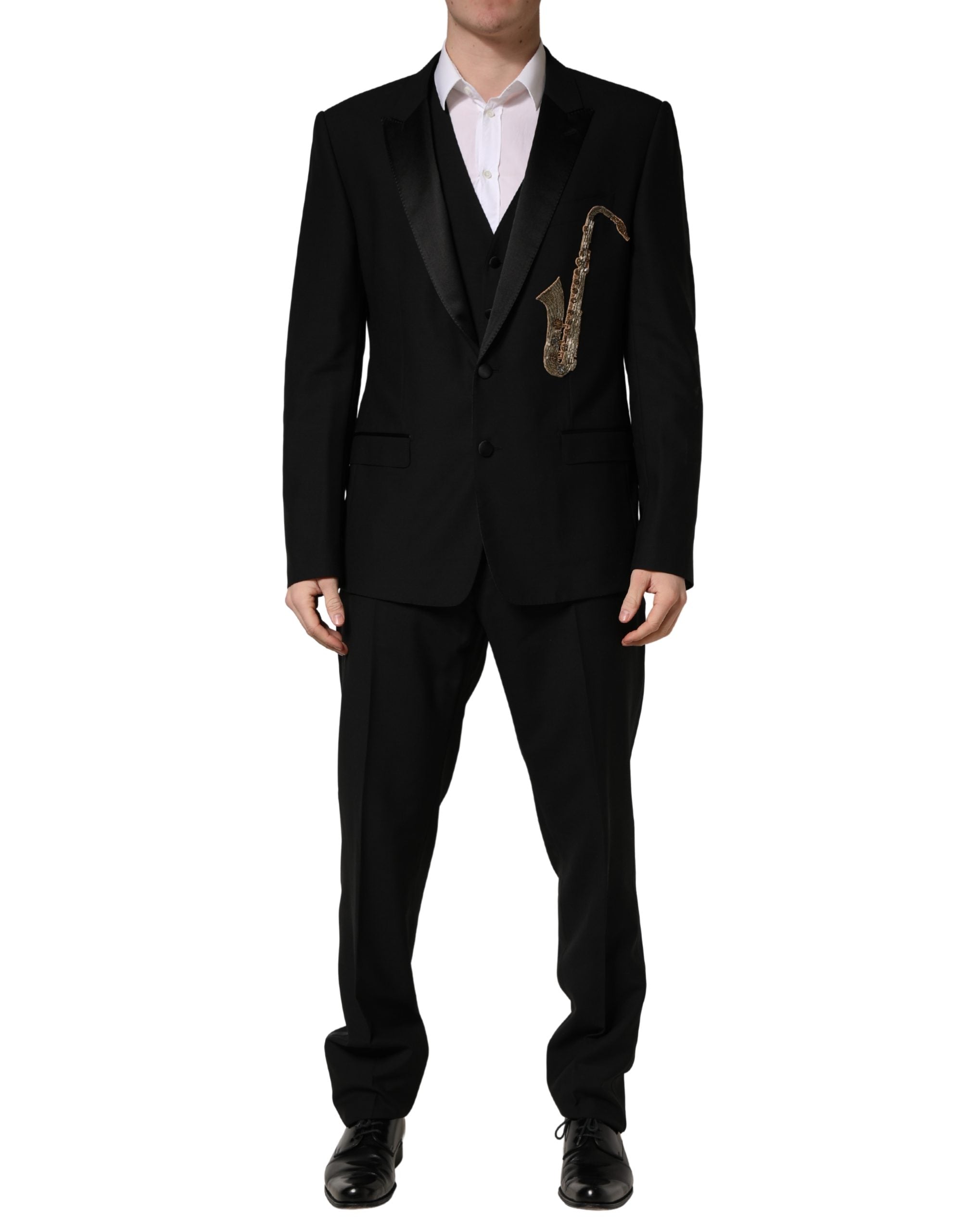 Black Wool Silk Saxophone Slim Fit 3Pc Suit