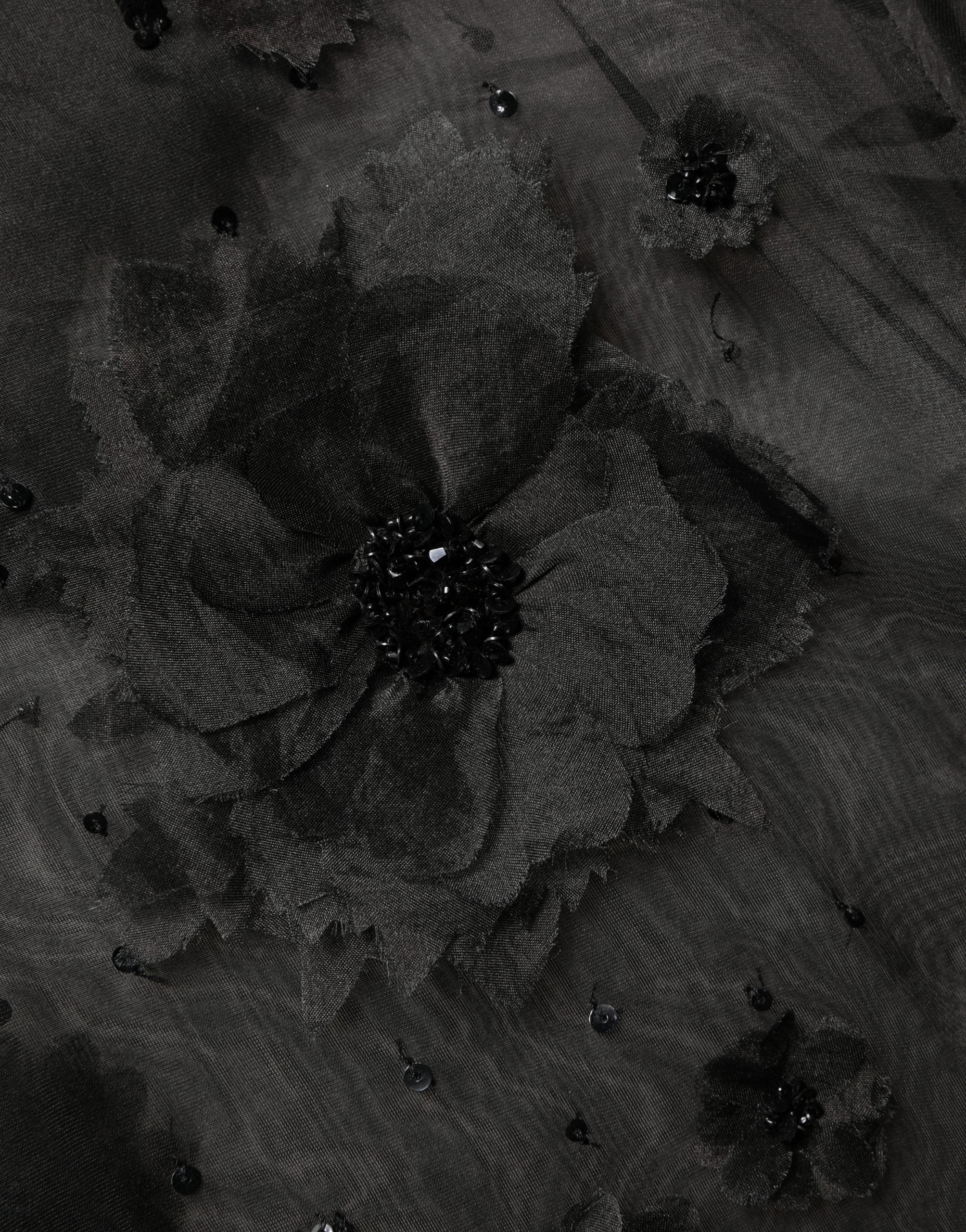 Black Floral Applique Sheer Short Sleeve Shirt