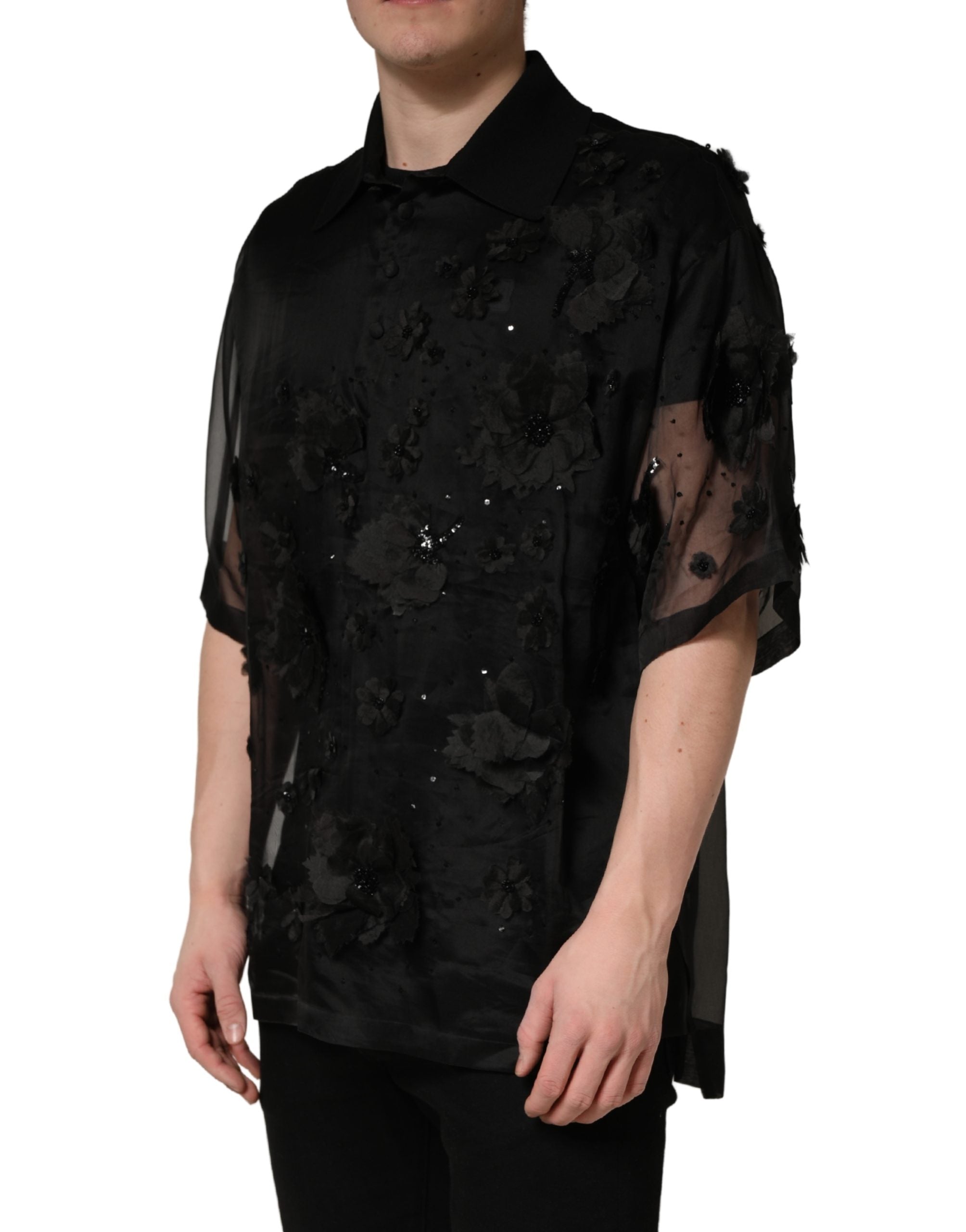 Black Floral Applique Sheer Short Sleeve Shirt