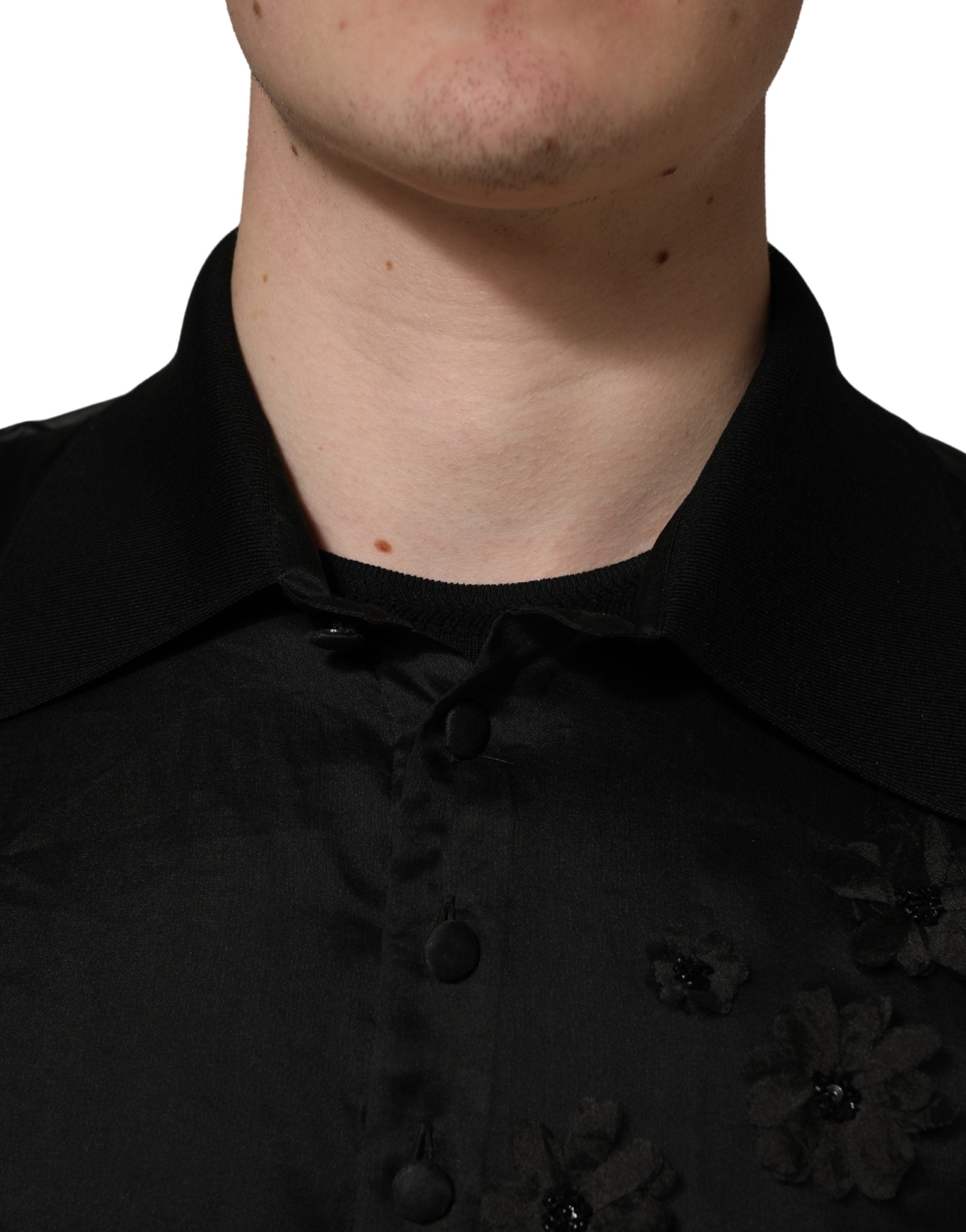 Black Floral Applique Sheer Short Sleeve Shirt