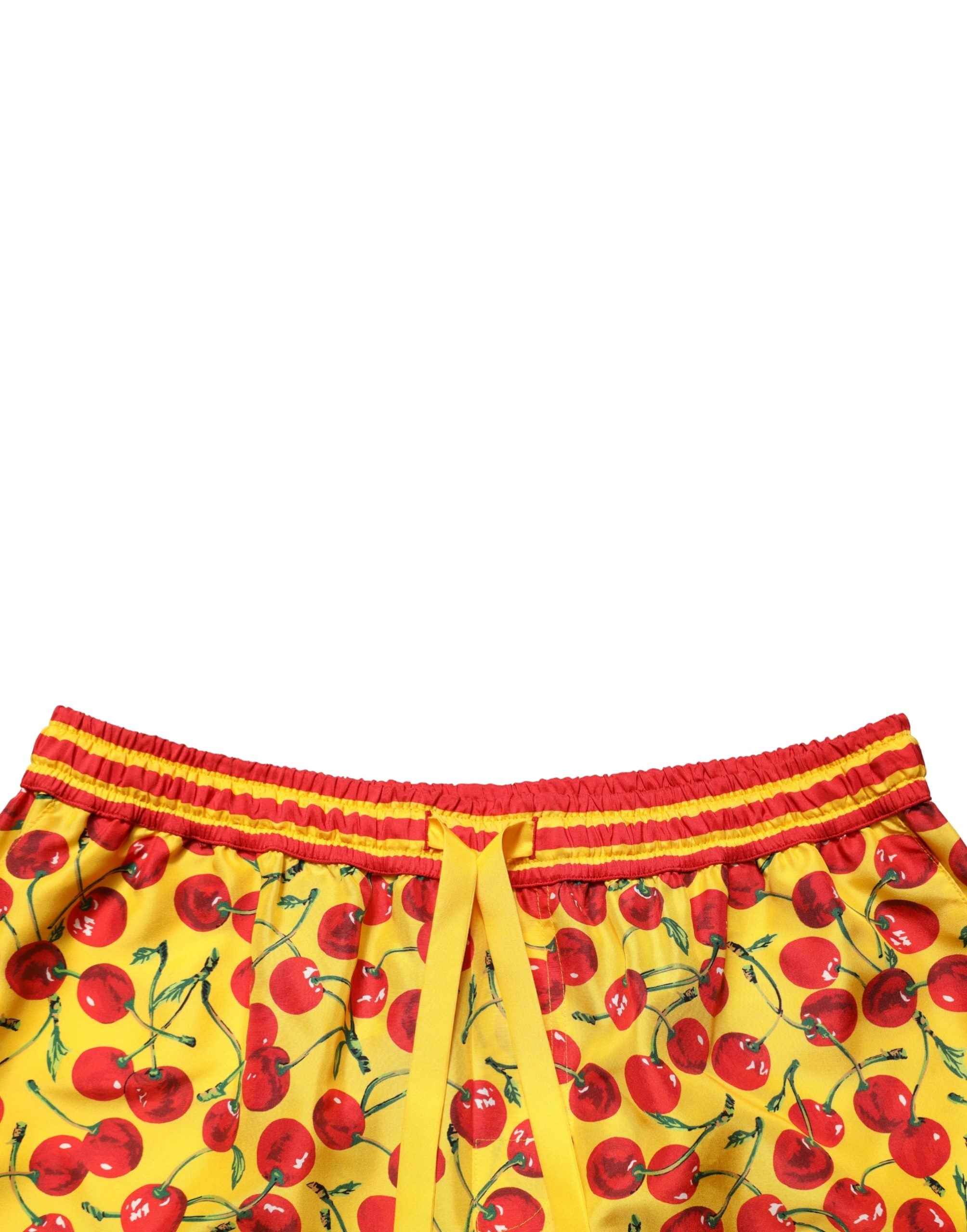 Yellow Red Cherry Print Silk Bermuda Shorts