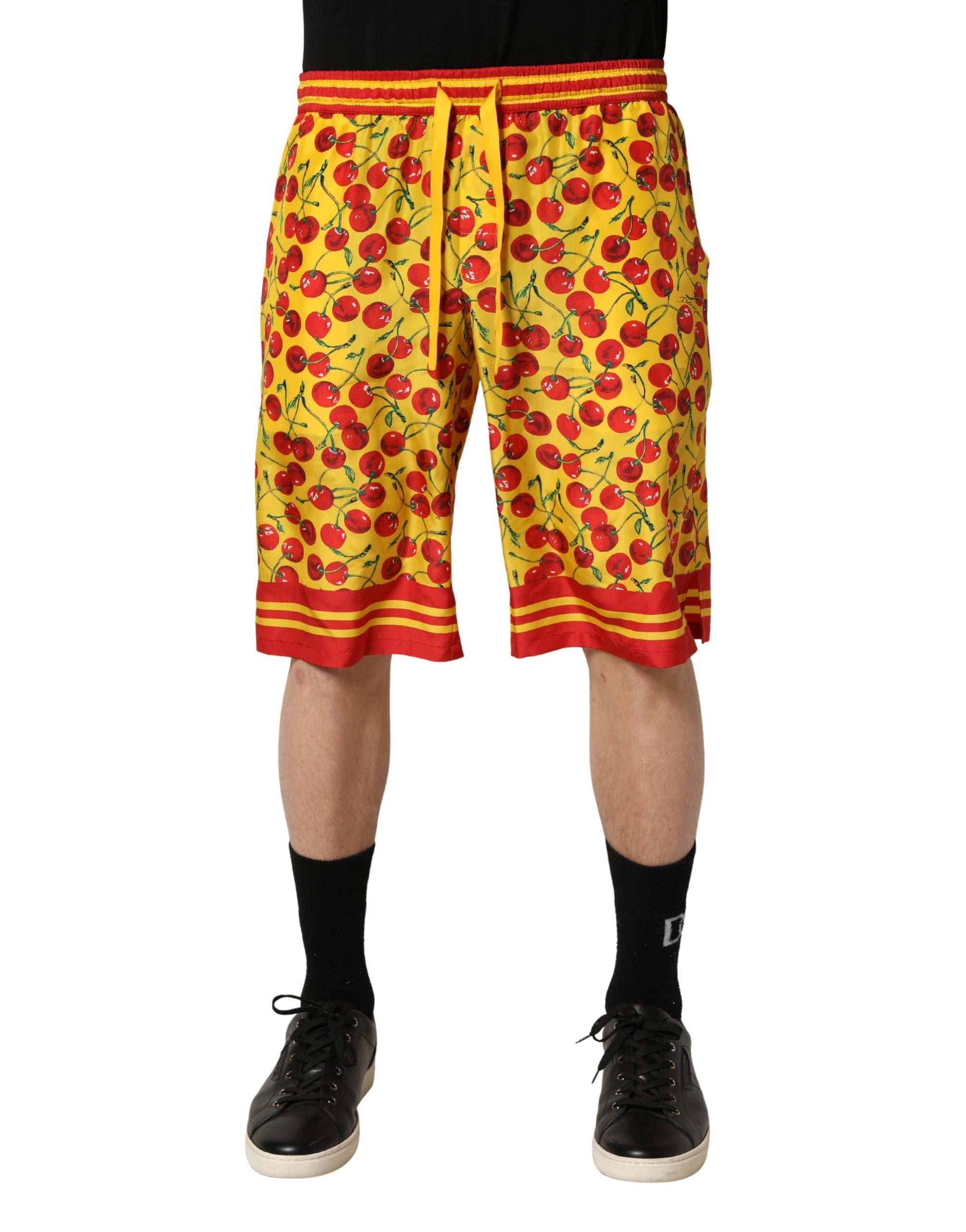 Yellow Red Cherry Print Silk Bermuda Shorts