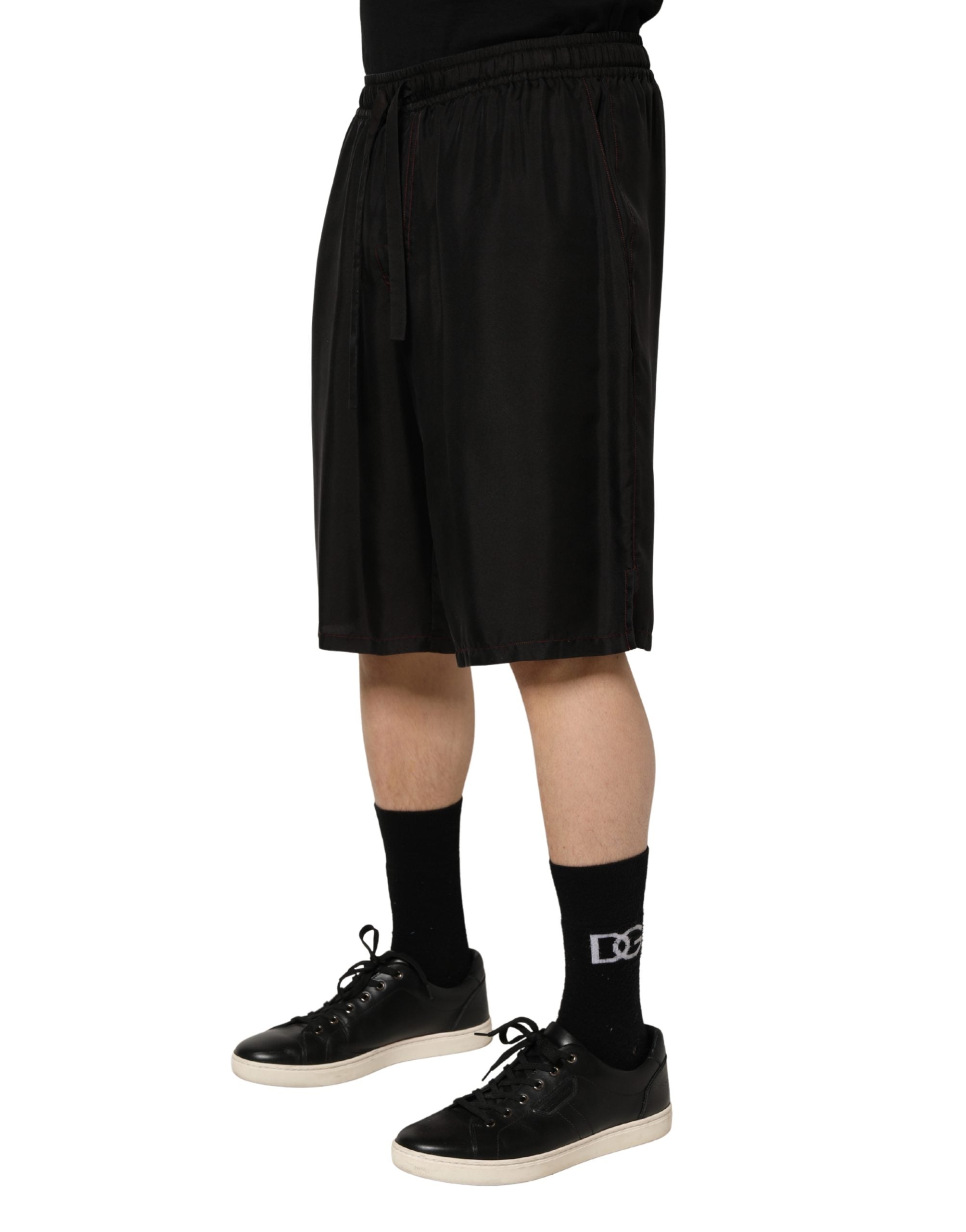 Black Silk Drawstring Men Bermuda Shorts