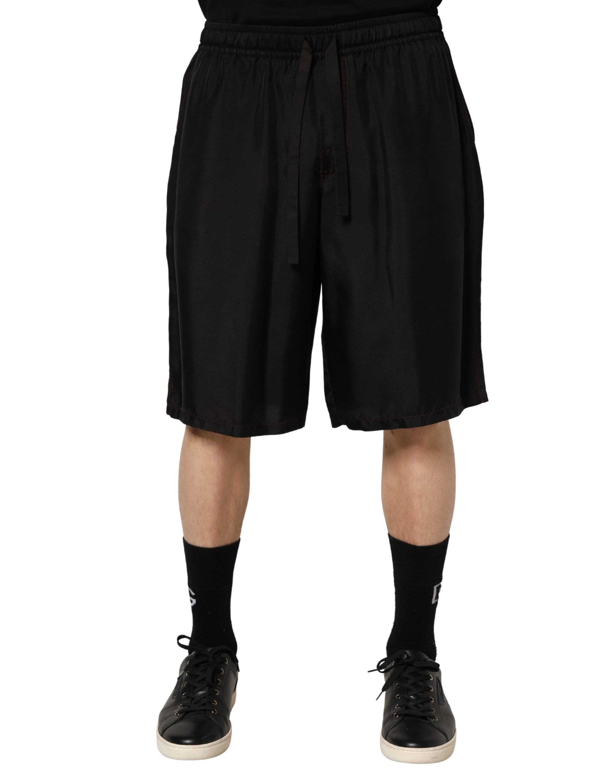 Black Silk Drawstring Men Bermuda Shorts