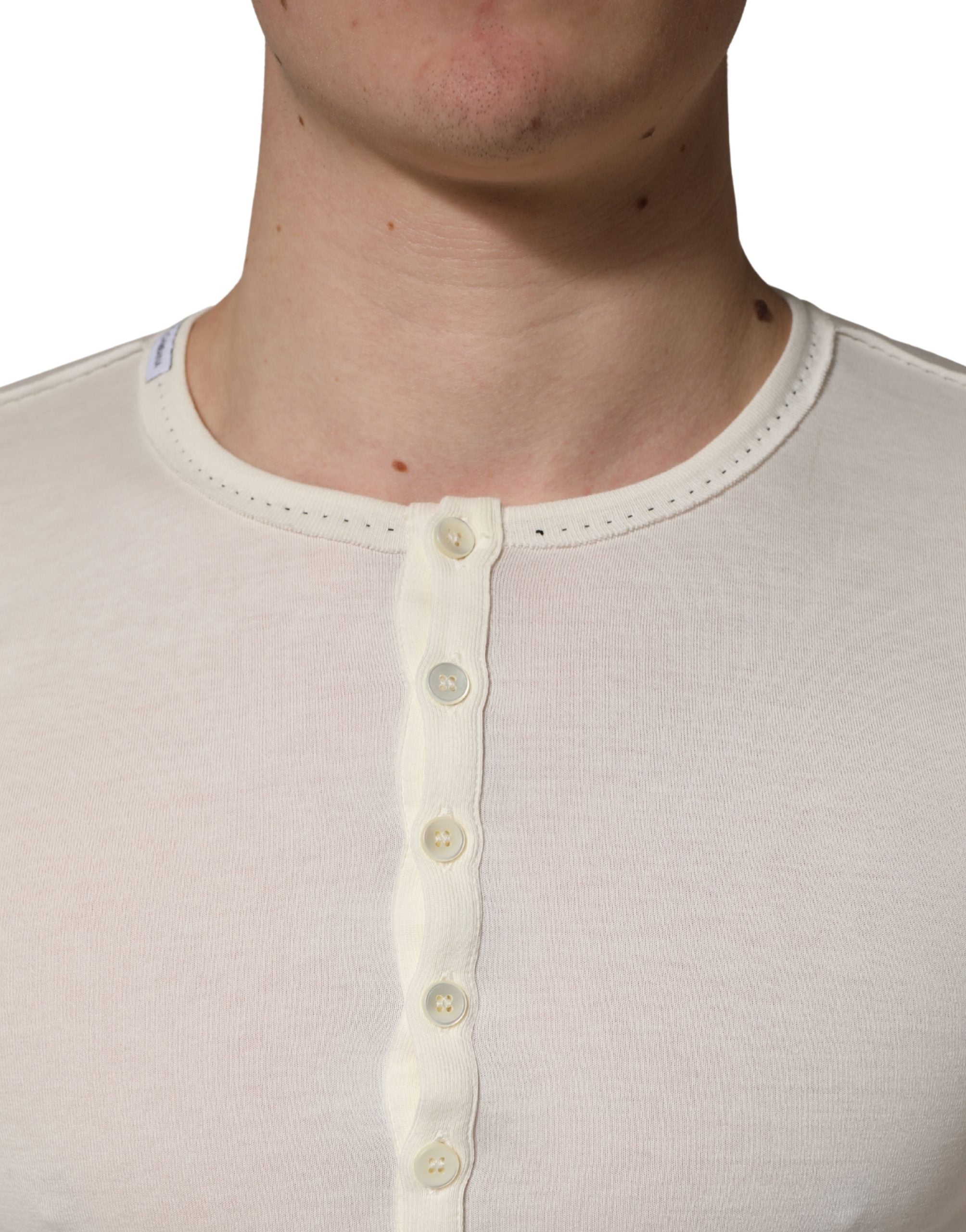 White Long Sleeves Henley Pullover Sweater
