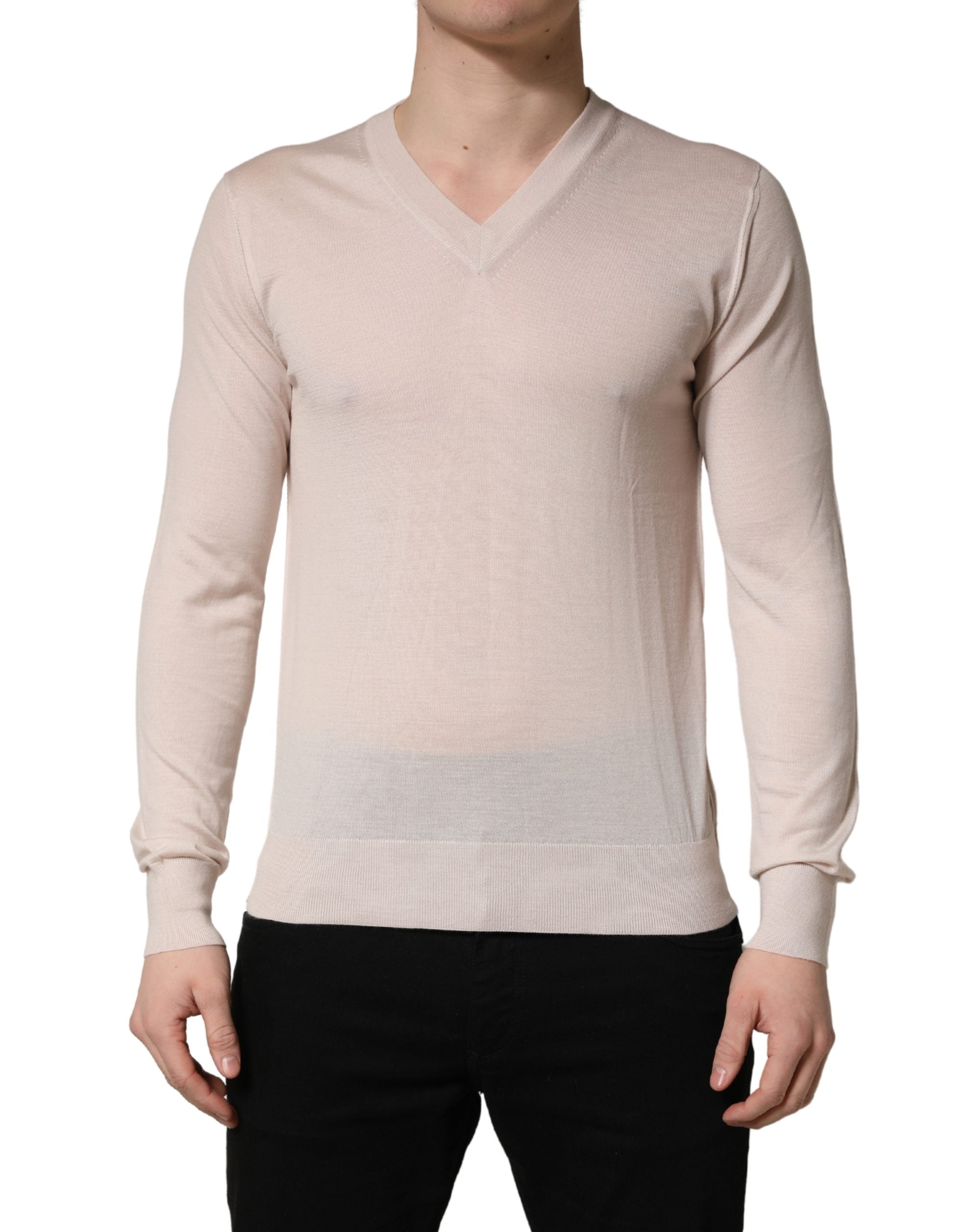 Beige Cashmere V-neck Men Pullover Sweater