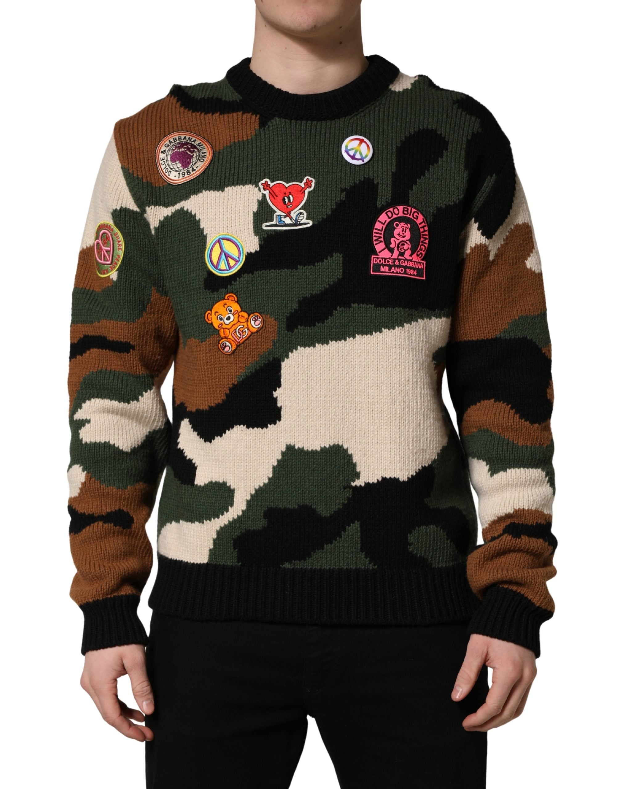 Multicolor Intarsia Knit Camouflage Pullover Sweater