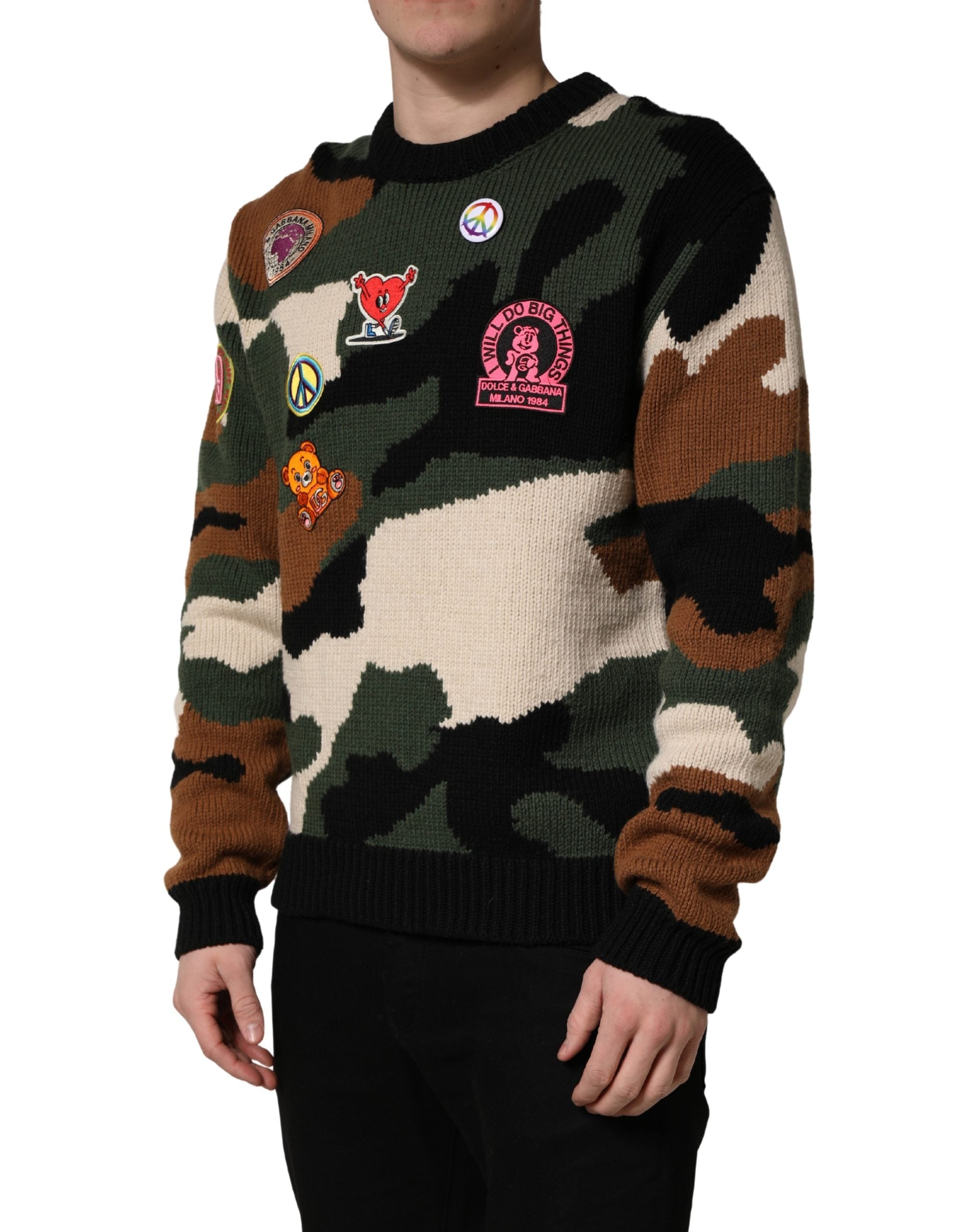 Multicolor Intarsia Knit Camouflage Pullover Sweater