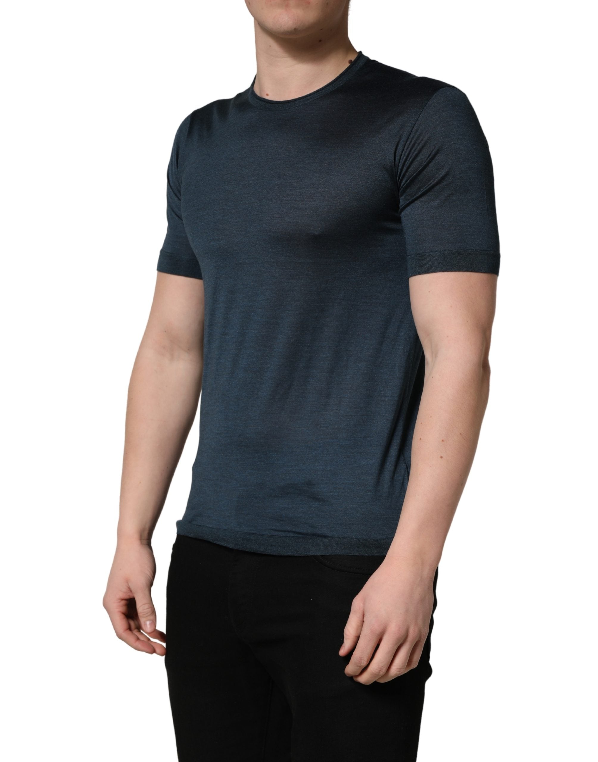 Dark Blue Silk Crew Neck Short Sleeve T-shirt