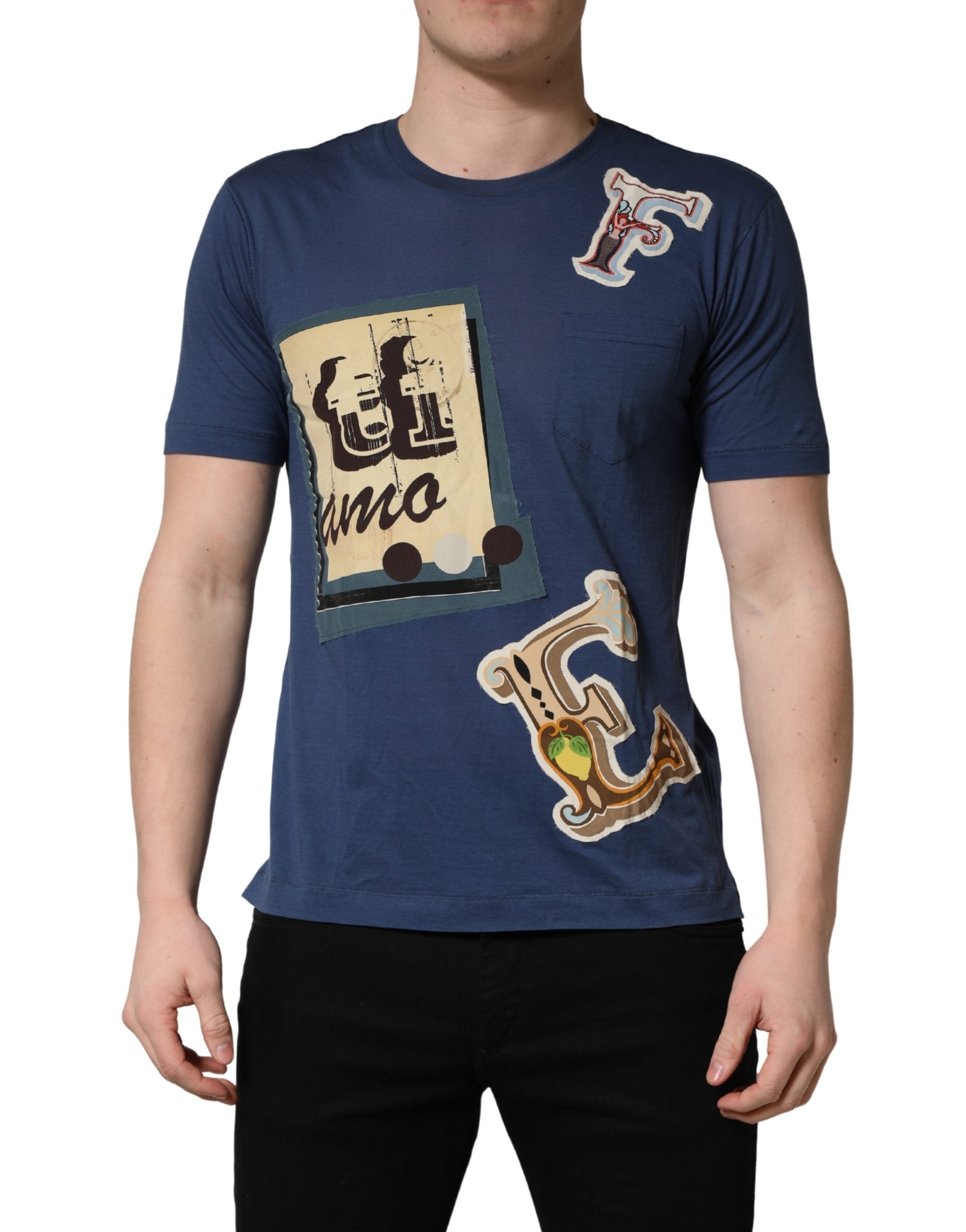 Navy Blue Cotton Graphic Crew Neck T-shirt