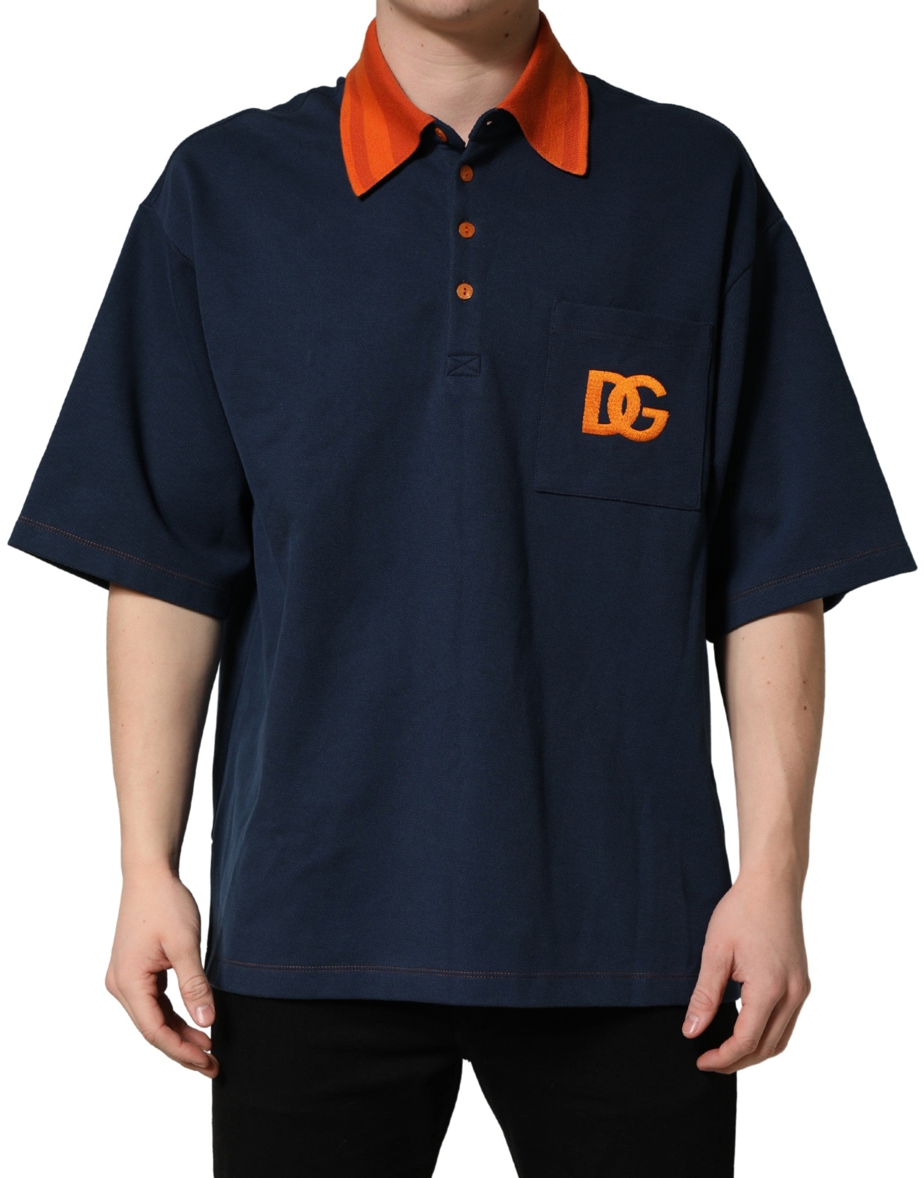 Navy Blue Cotton Logo Short Sleeves Men Polo T-shirt