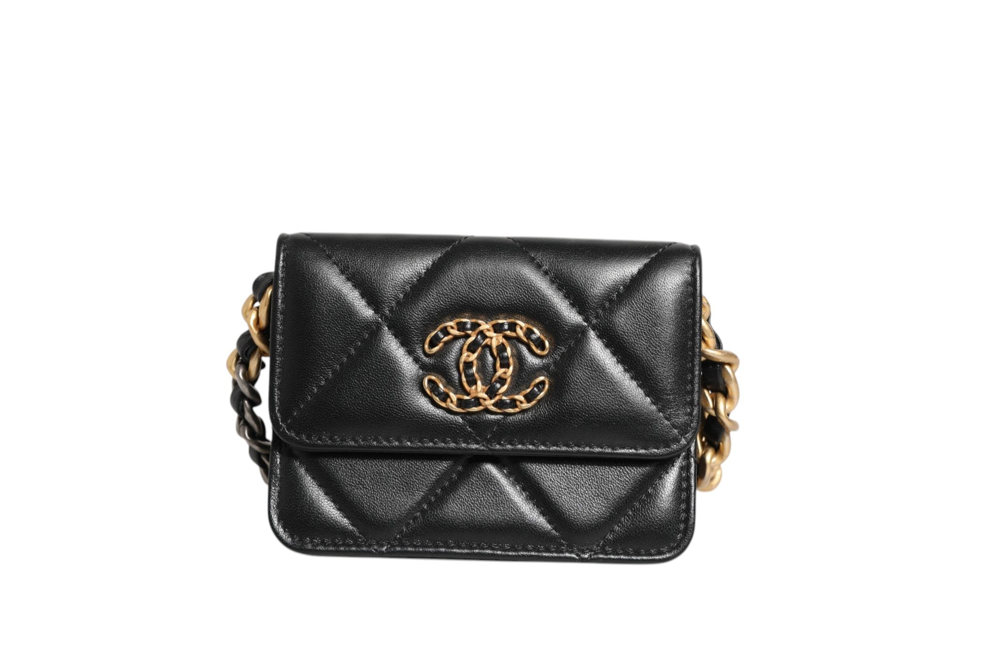Chanel 19 Flap Coin Purse Quilted Leather Black Crossbody