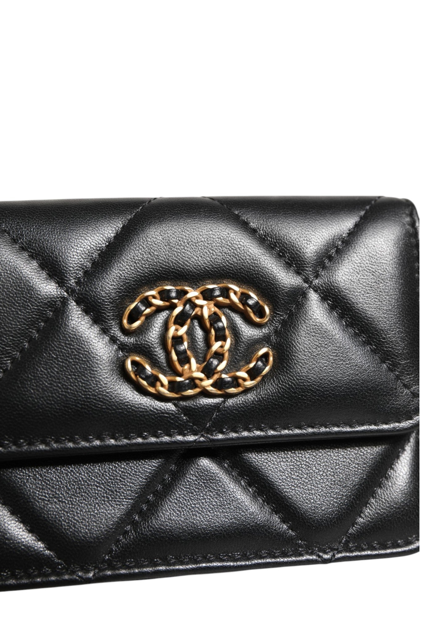 Chanel 19 Flap Coin Purse Quilted Leather Black Crossbody