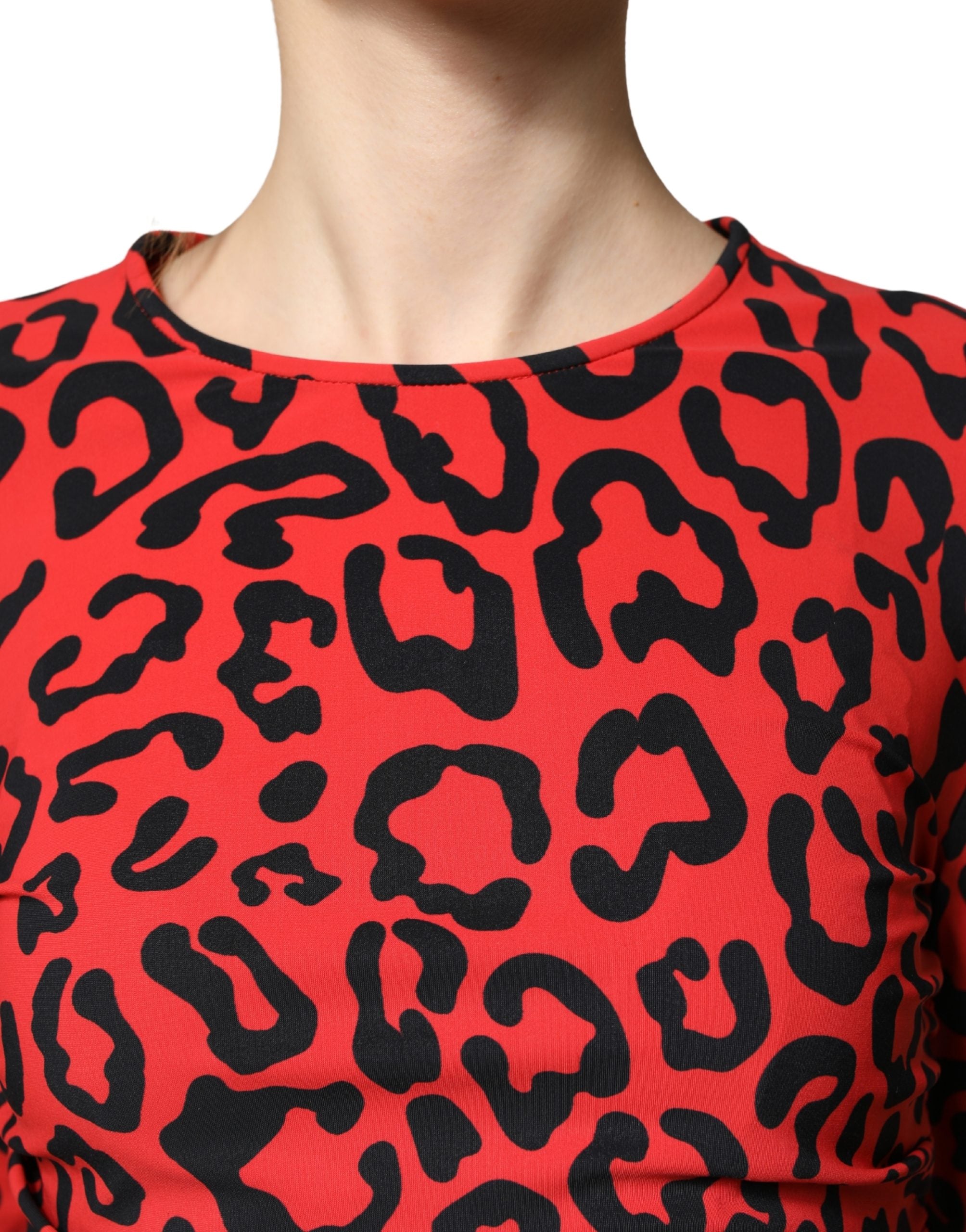 Red Leopard Print Long Sleeves Midi Dress