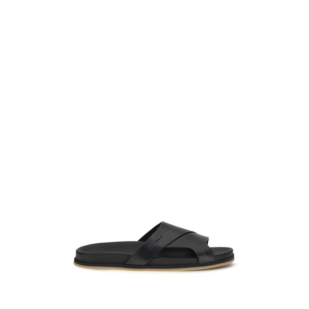 Black Calf Leather Bos Taurus Flat Sandals