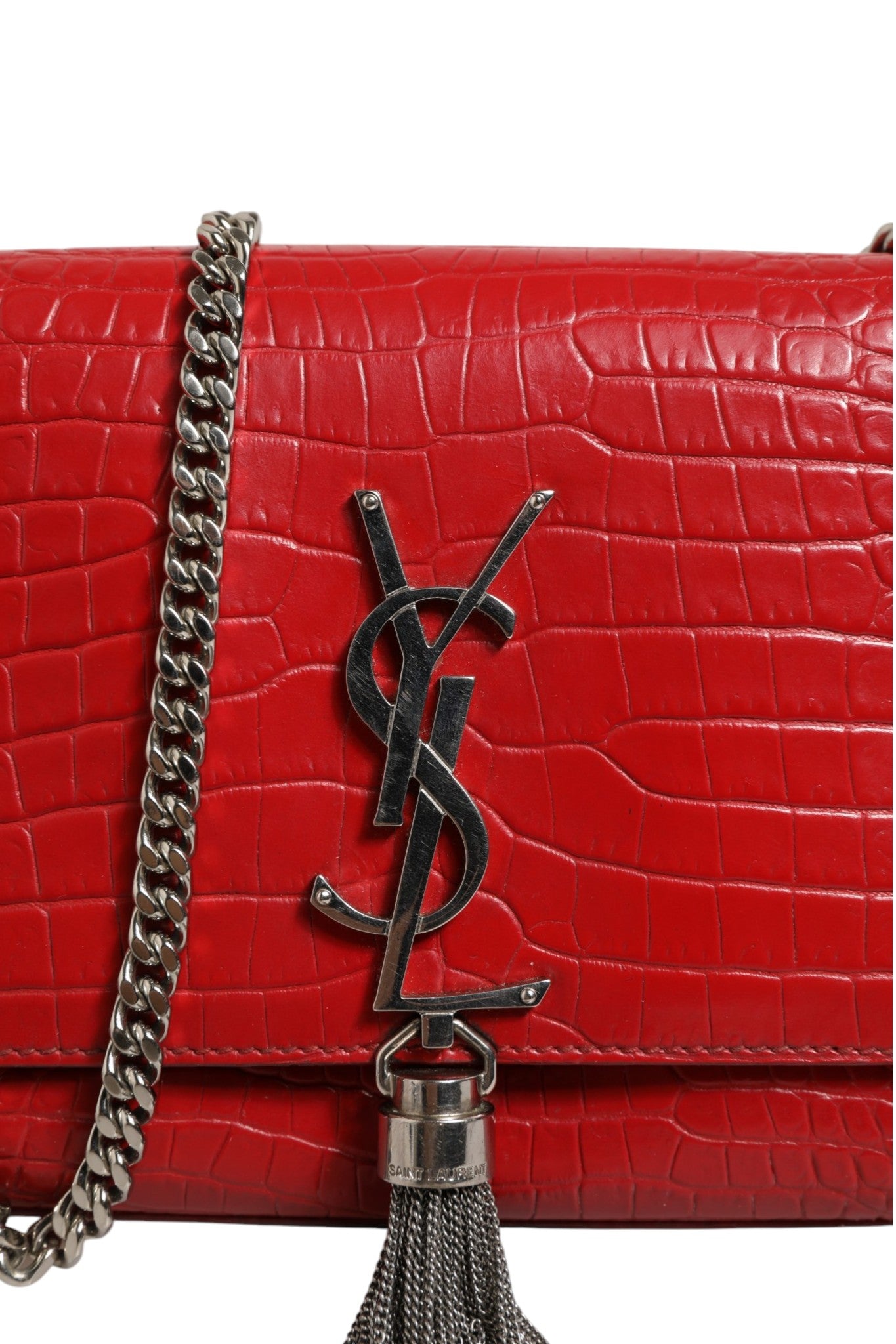 Kate Tassel Chain Bag in Red Crocodile Embossed Leather