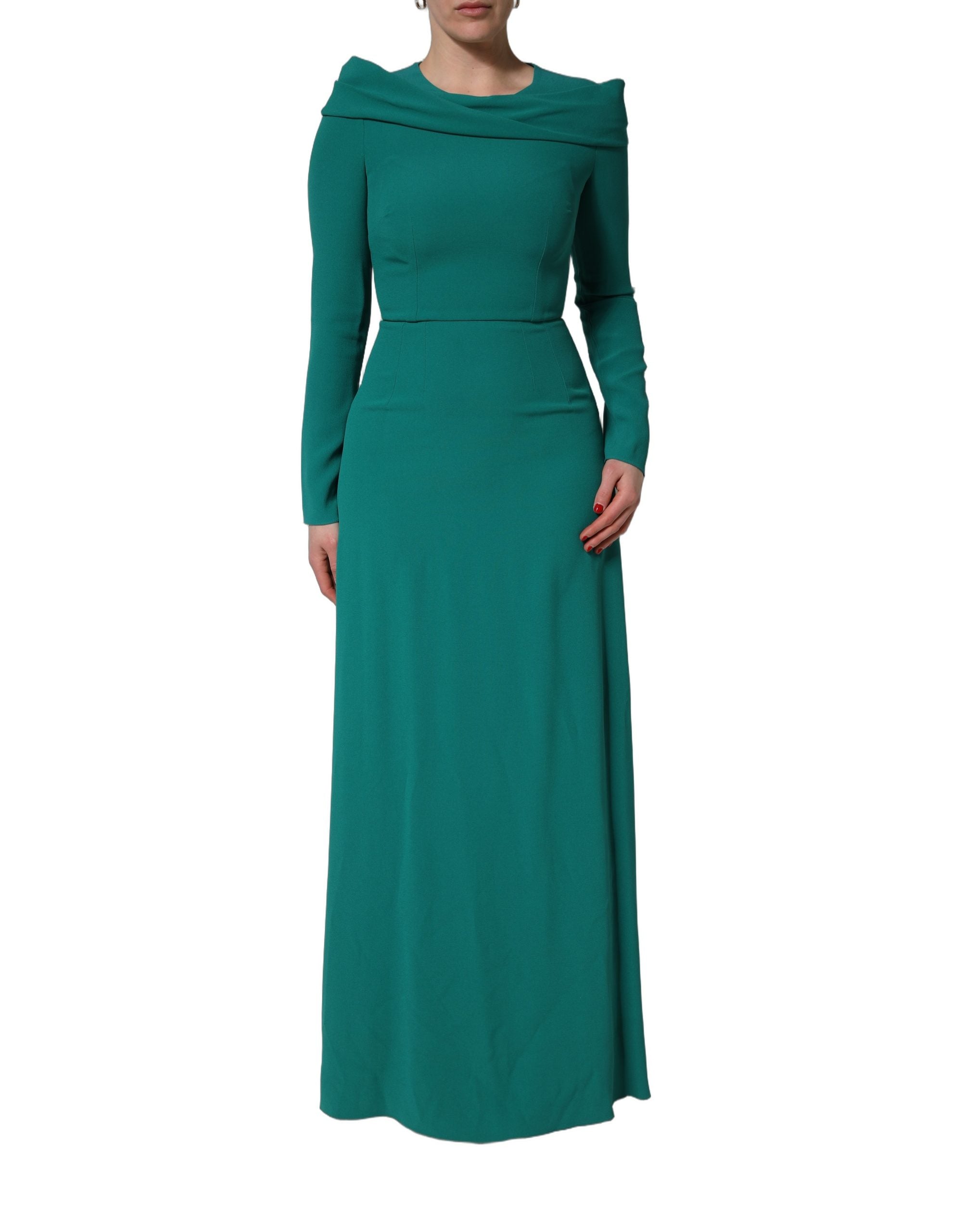 Green Round Neck Long Sleeves Gown Dress