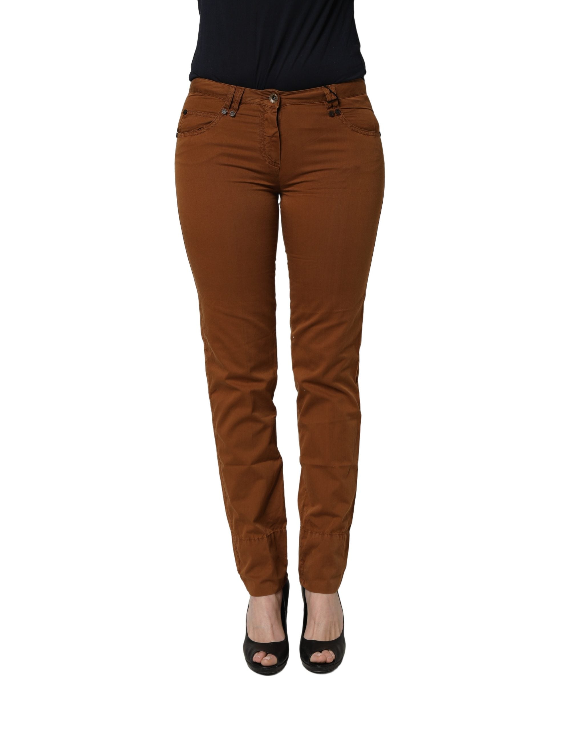 Brown Cotton Mid Waist Skinny Chino Pants