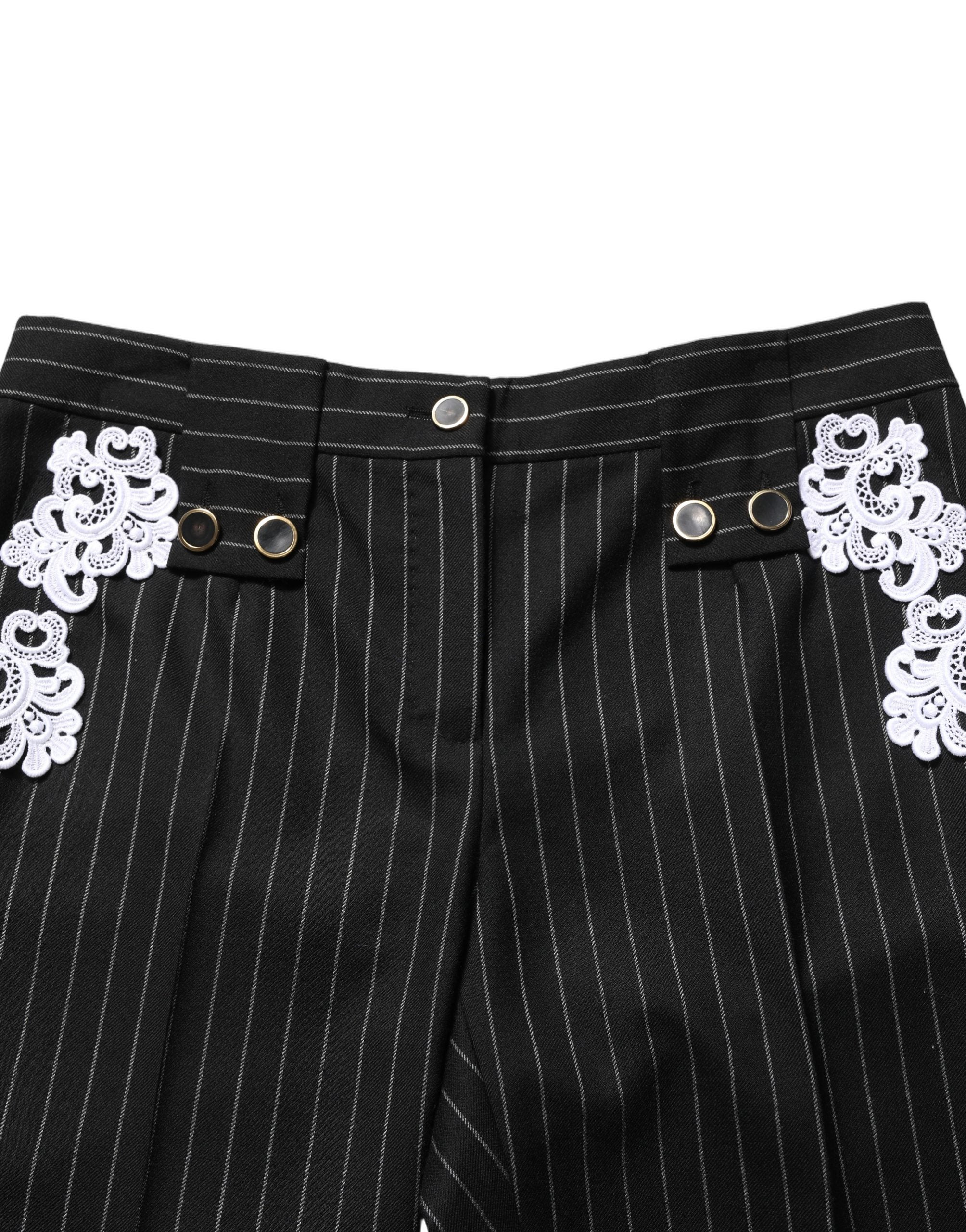 Black Lace Applique Pinstripe Cropped Pants