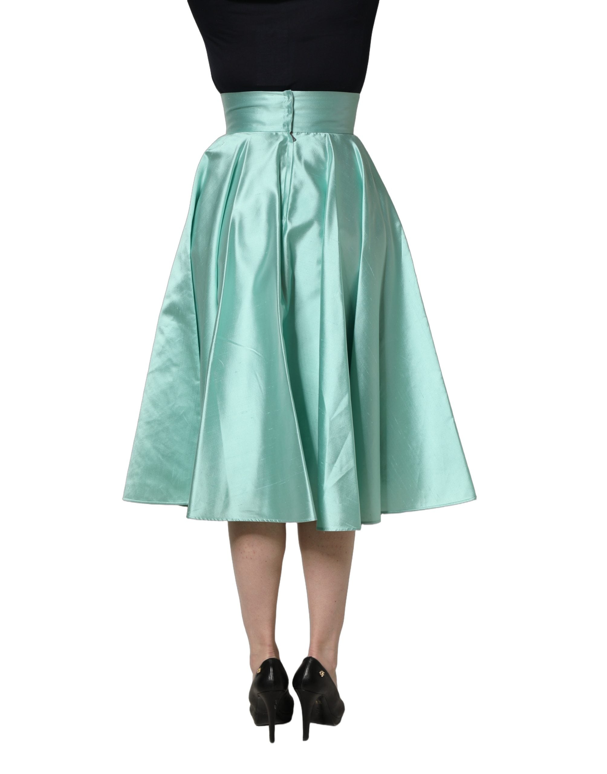 Green Satin High-Waisted Pleated A-line Midi Skirt