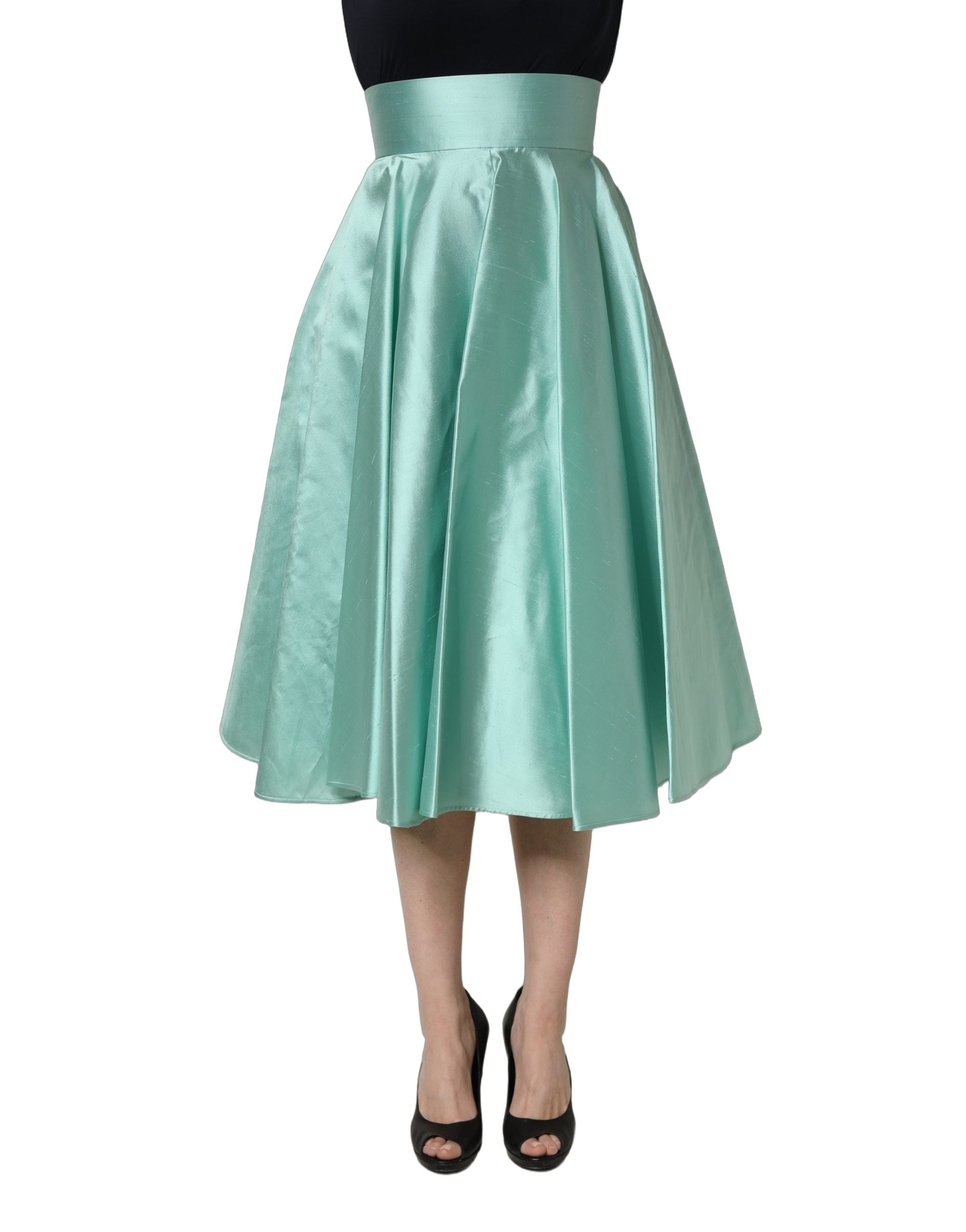 Green Satin High-Waisted Pleated A-line Midi Skirt
