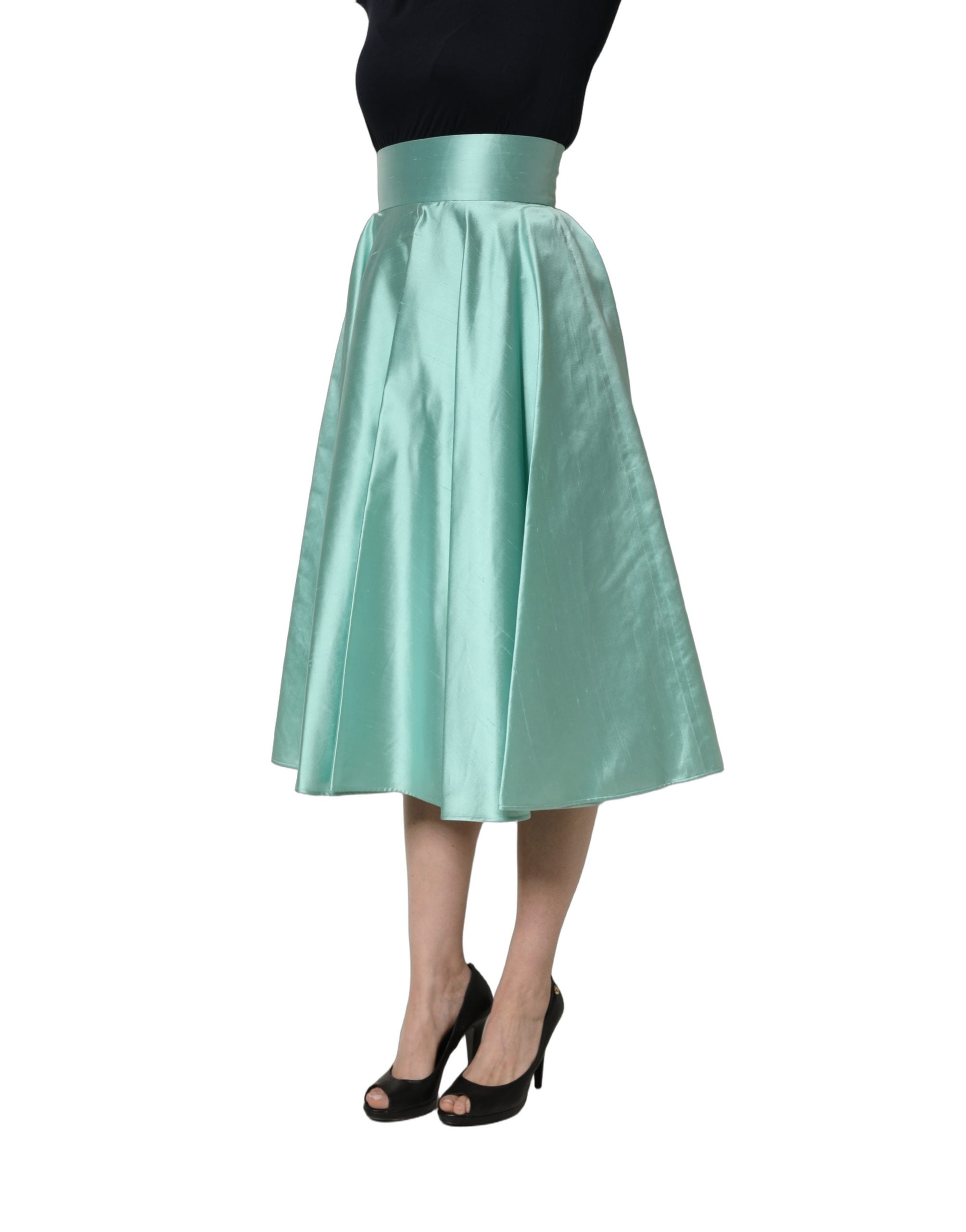Green Satin High-Waisted Pleated A-line Midi Skirt
