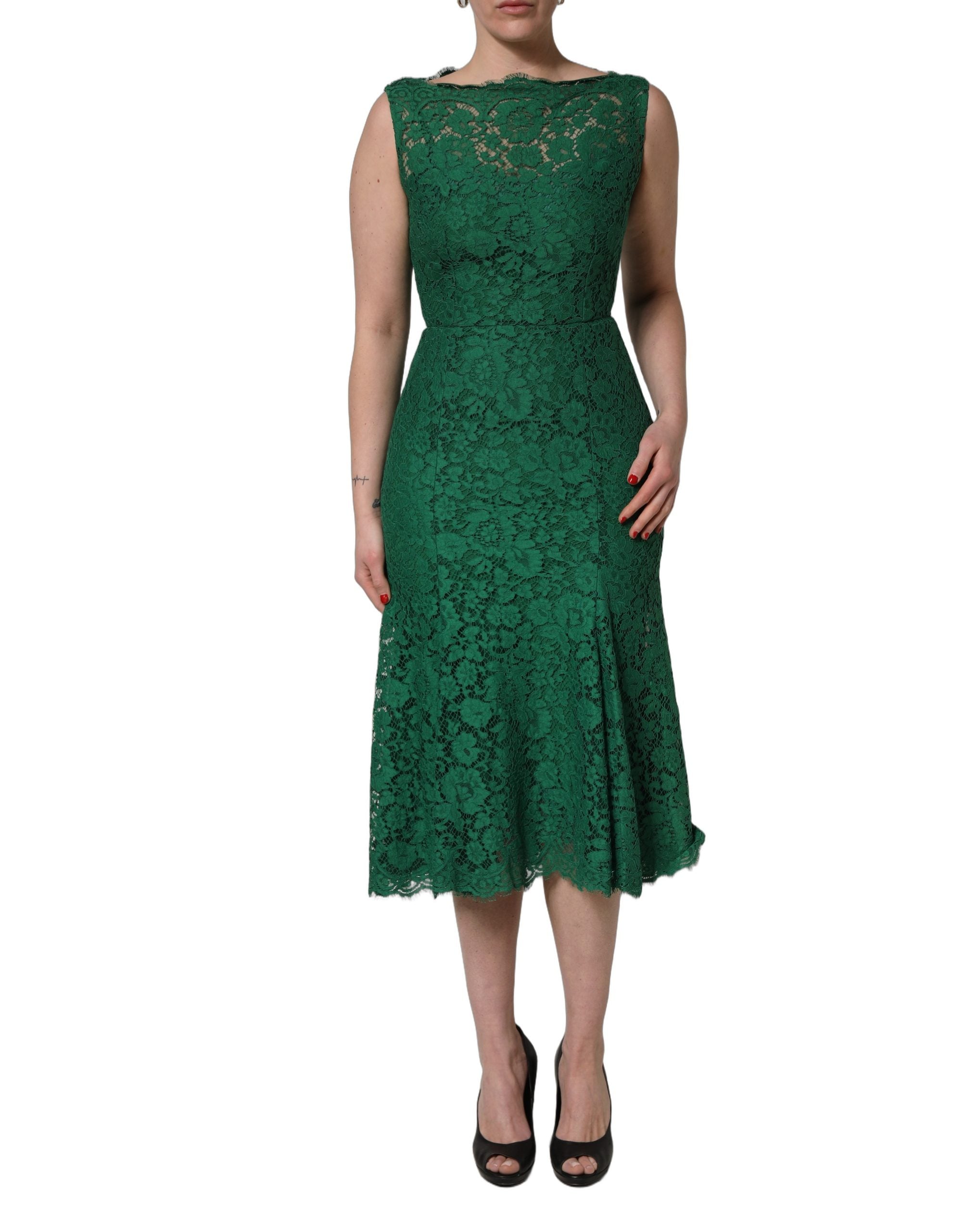 Green Floral Lace Cotton Sleeveless Midi Dress