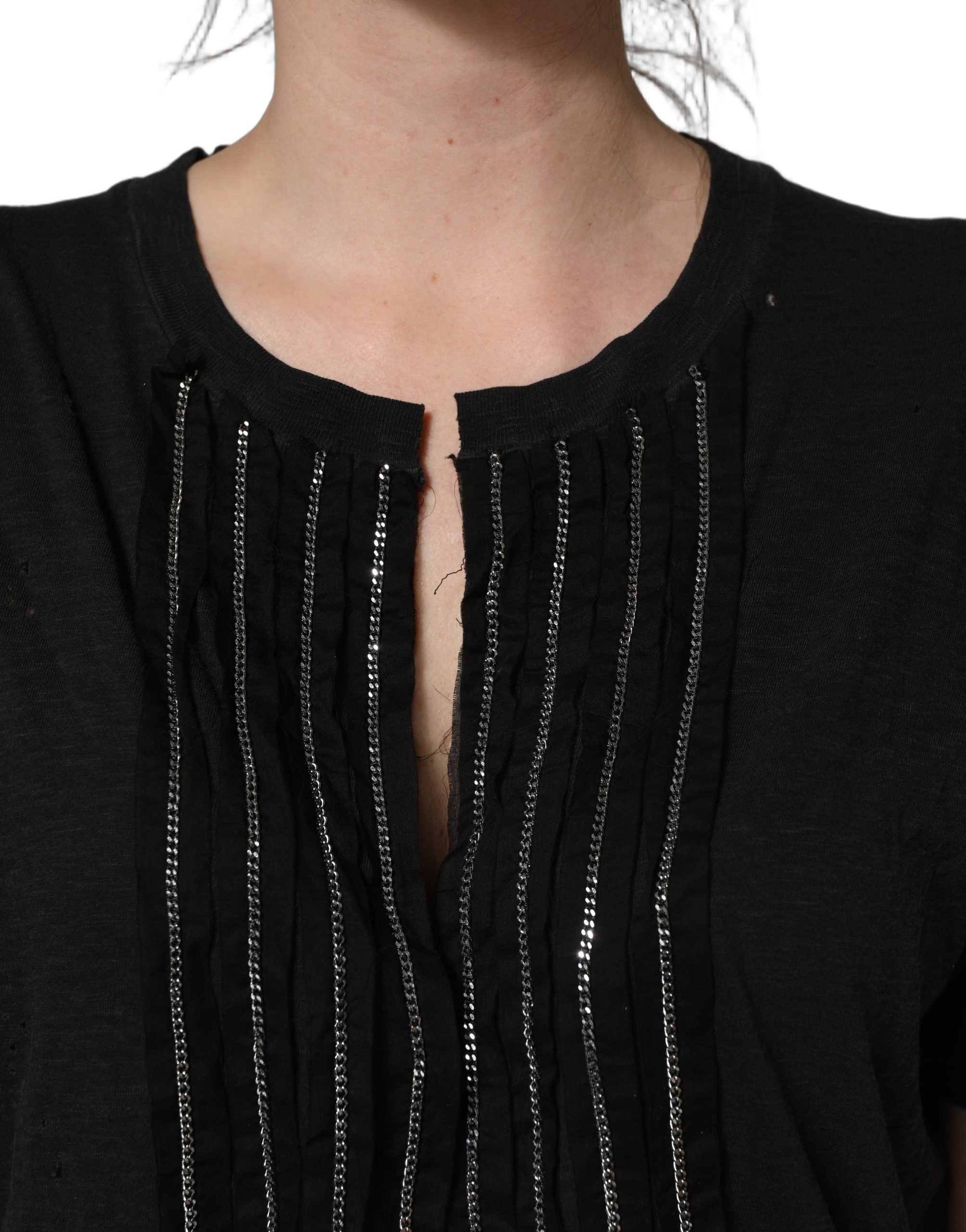 Black Chain Embellished Cotton Short Sleeve T-shirt