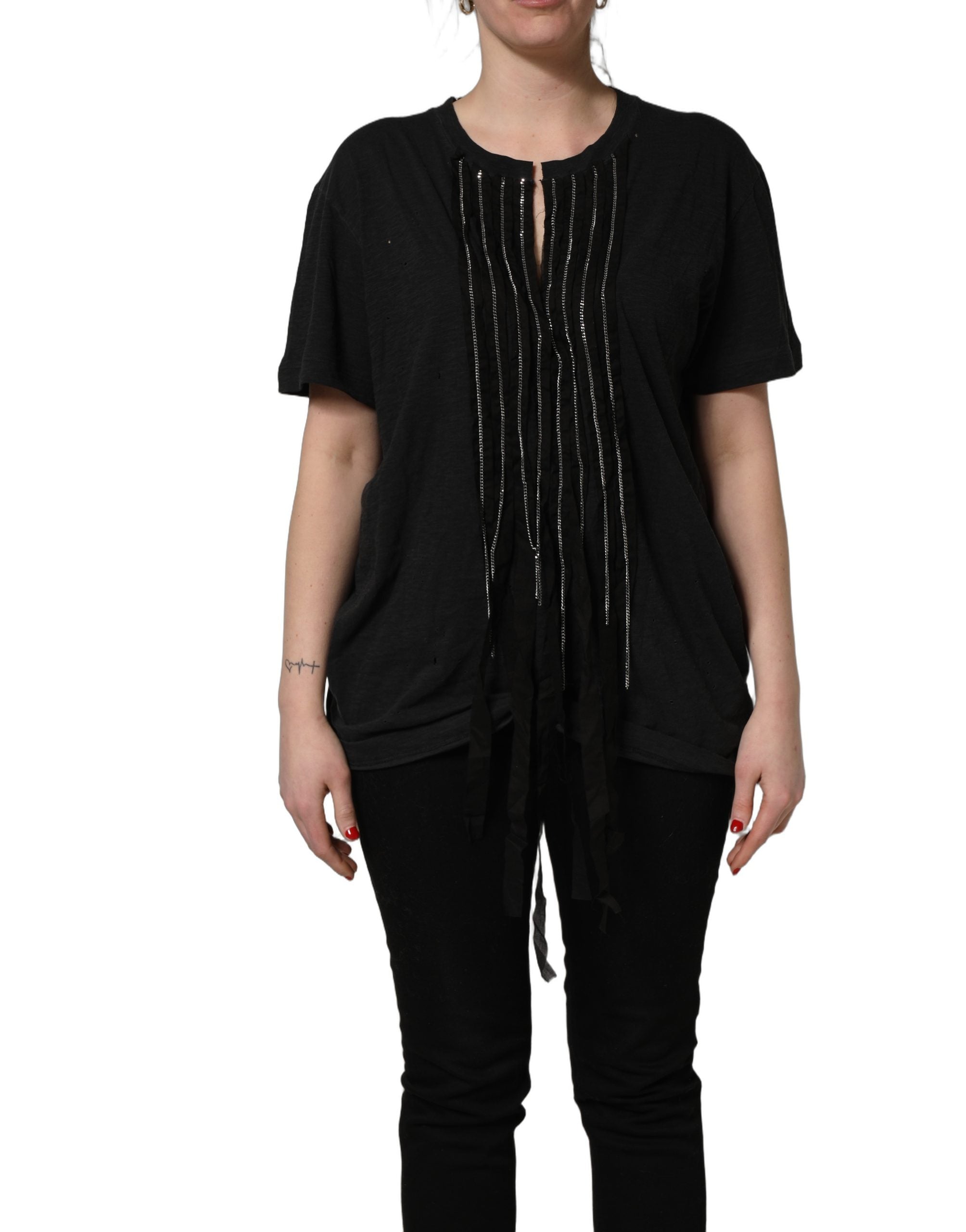 Black Chain Embellished Cotton Short Sleeve T-shirt
