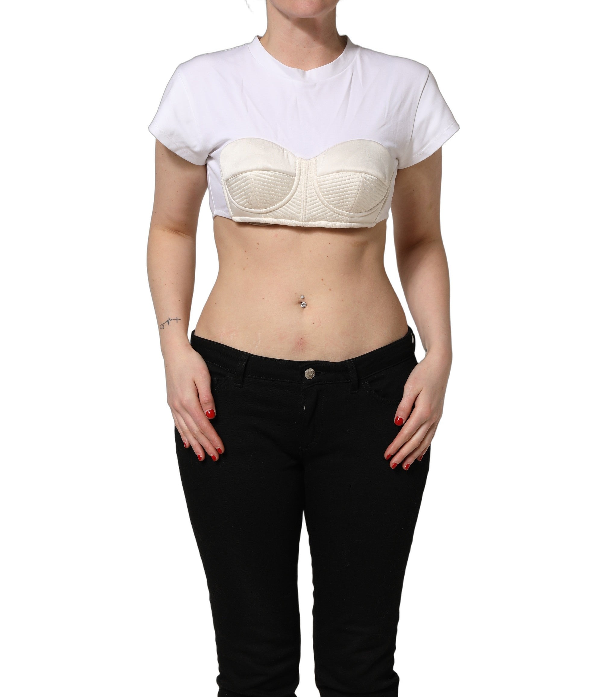 White Bustier Short Sleeve CrewNeck Cropped Top