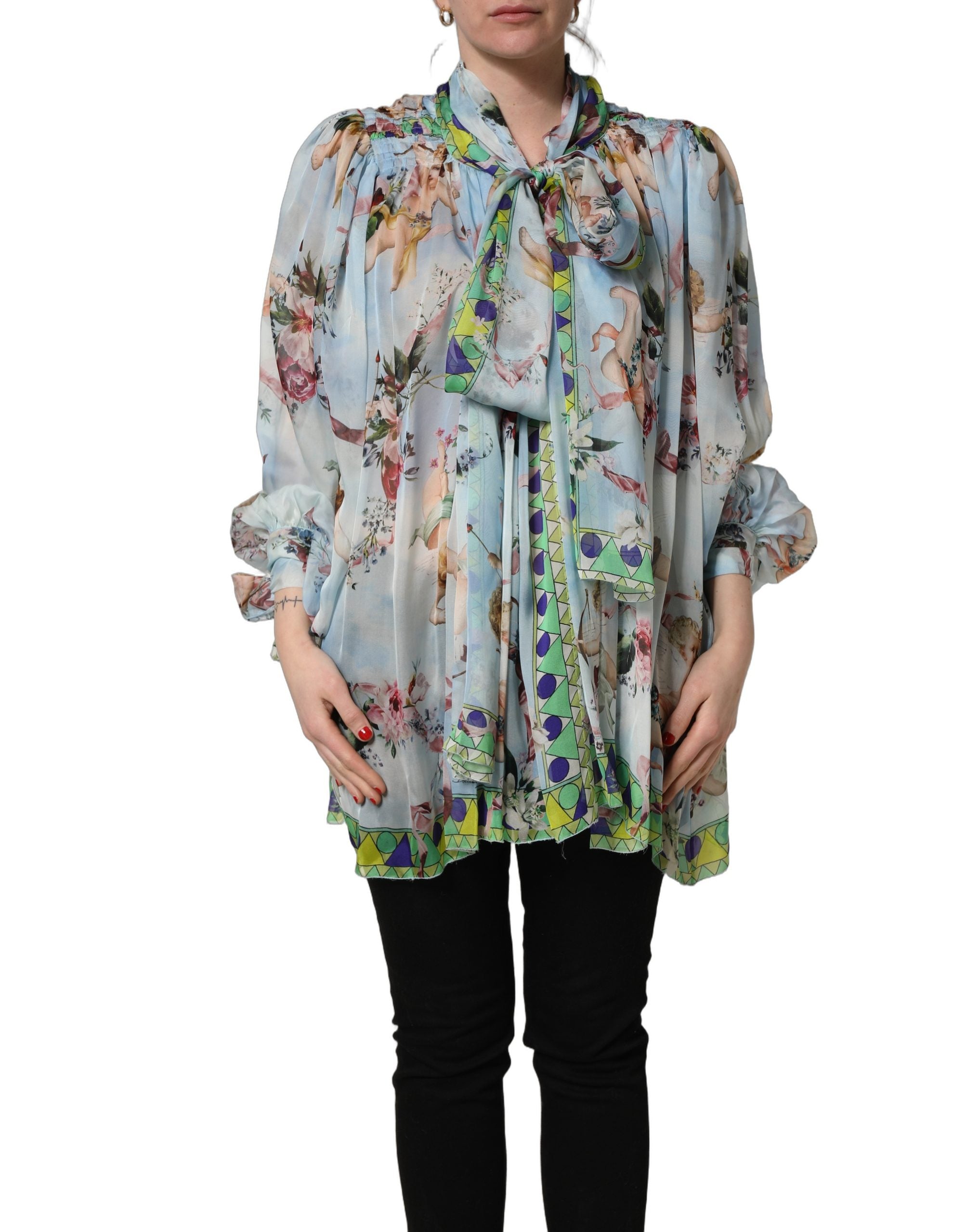 Light Blue Floral-Print Chiffon Blouse Top