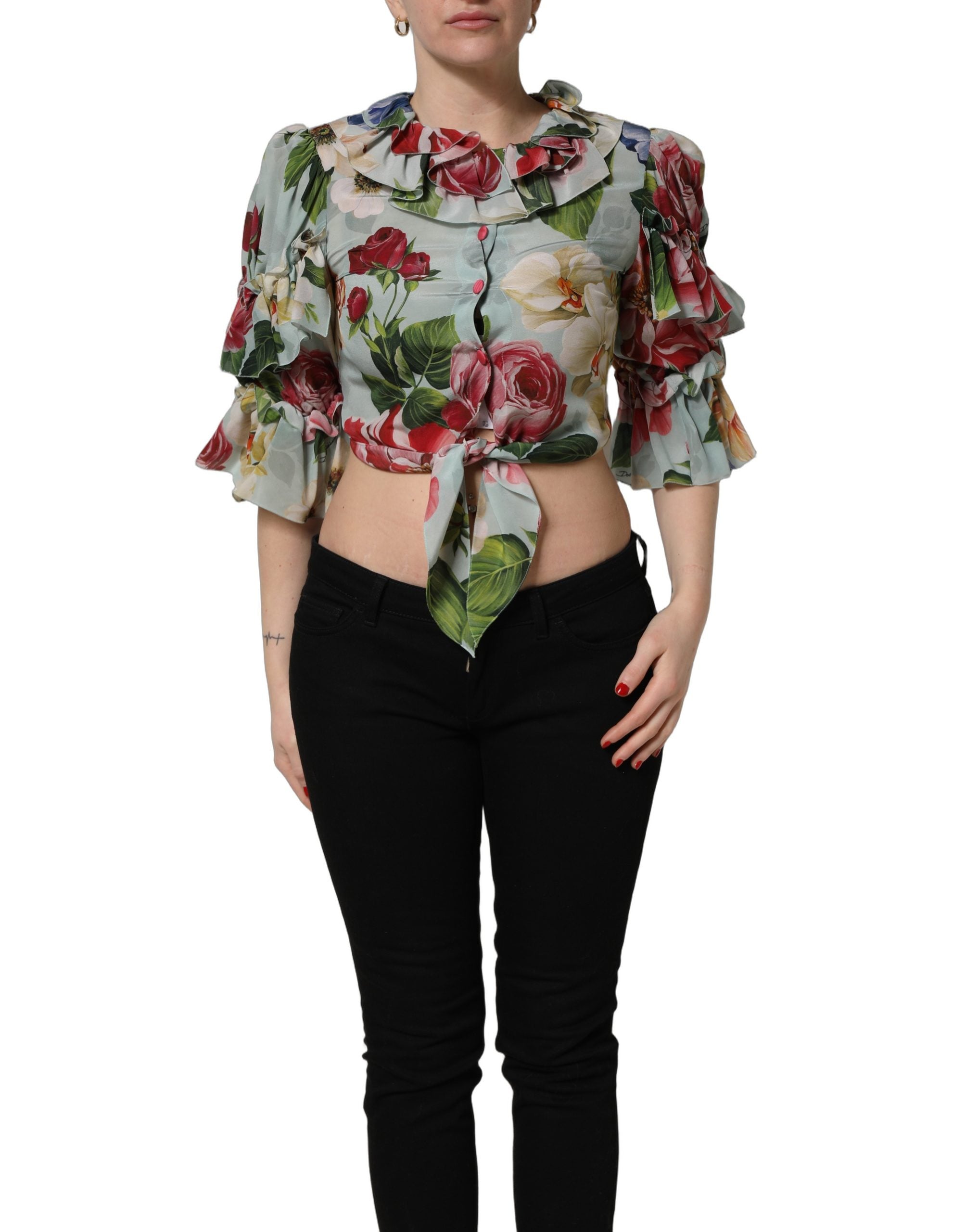Multicolor Floral Silk Cropped Shirt Top