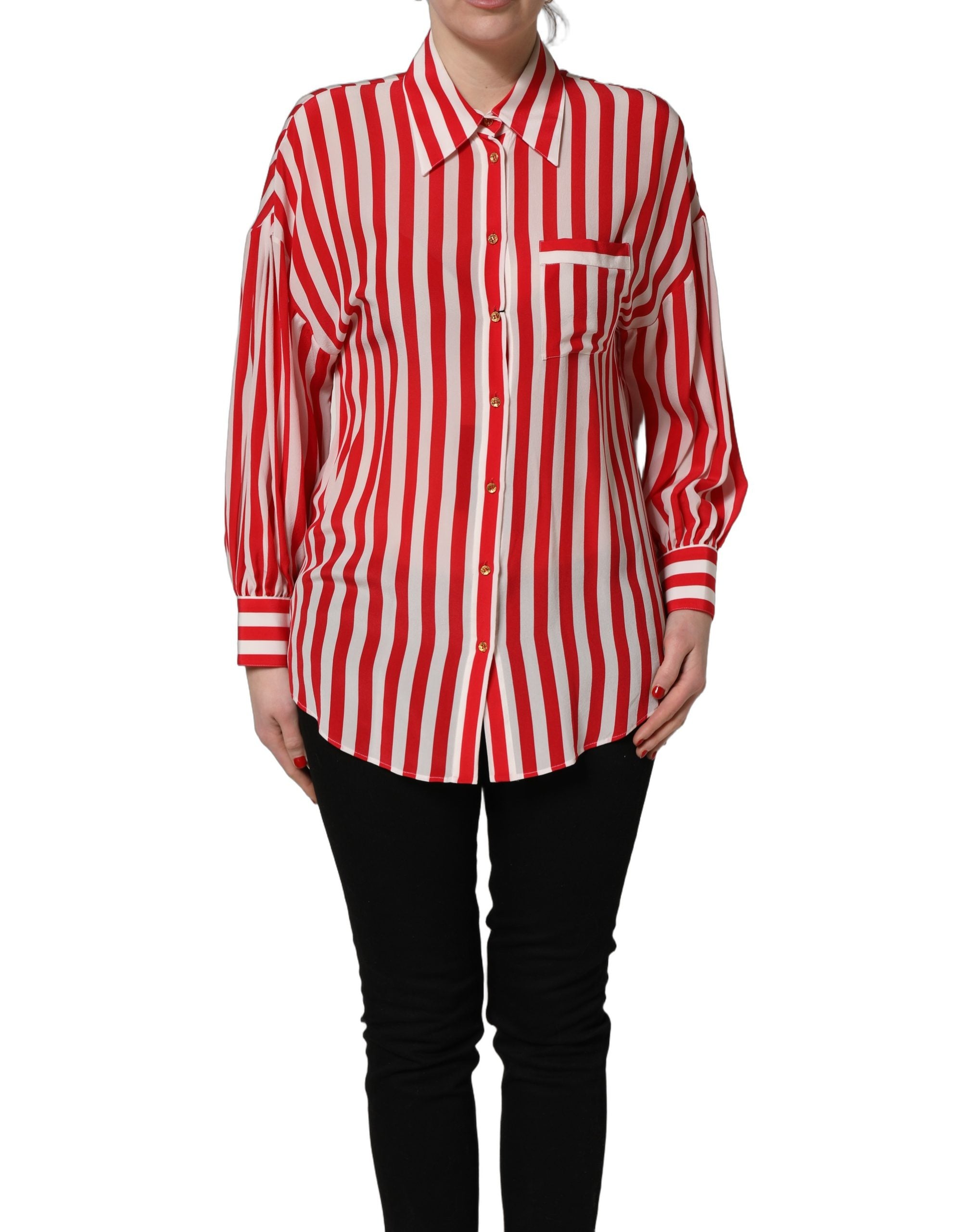 Red White Striped Long Sleeve Silk Blouse Top