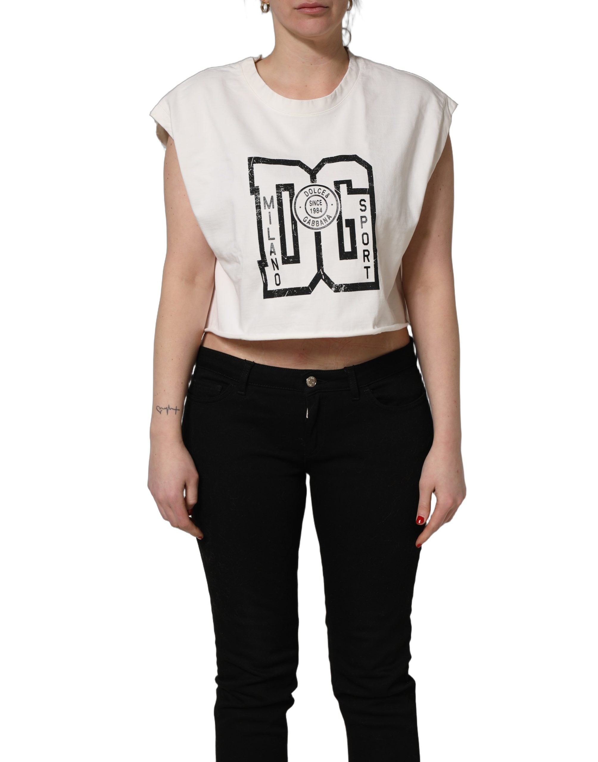 White Cotton DG Logo Print Cropped Jersey Top