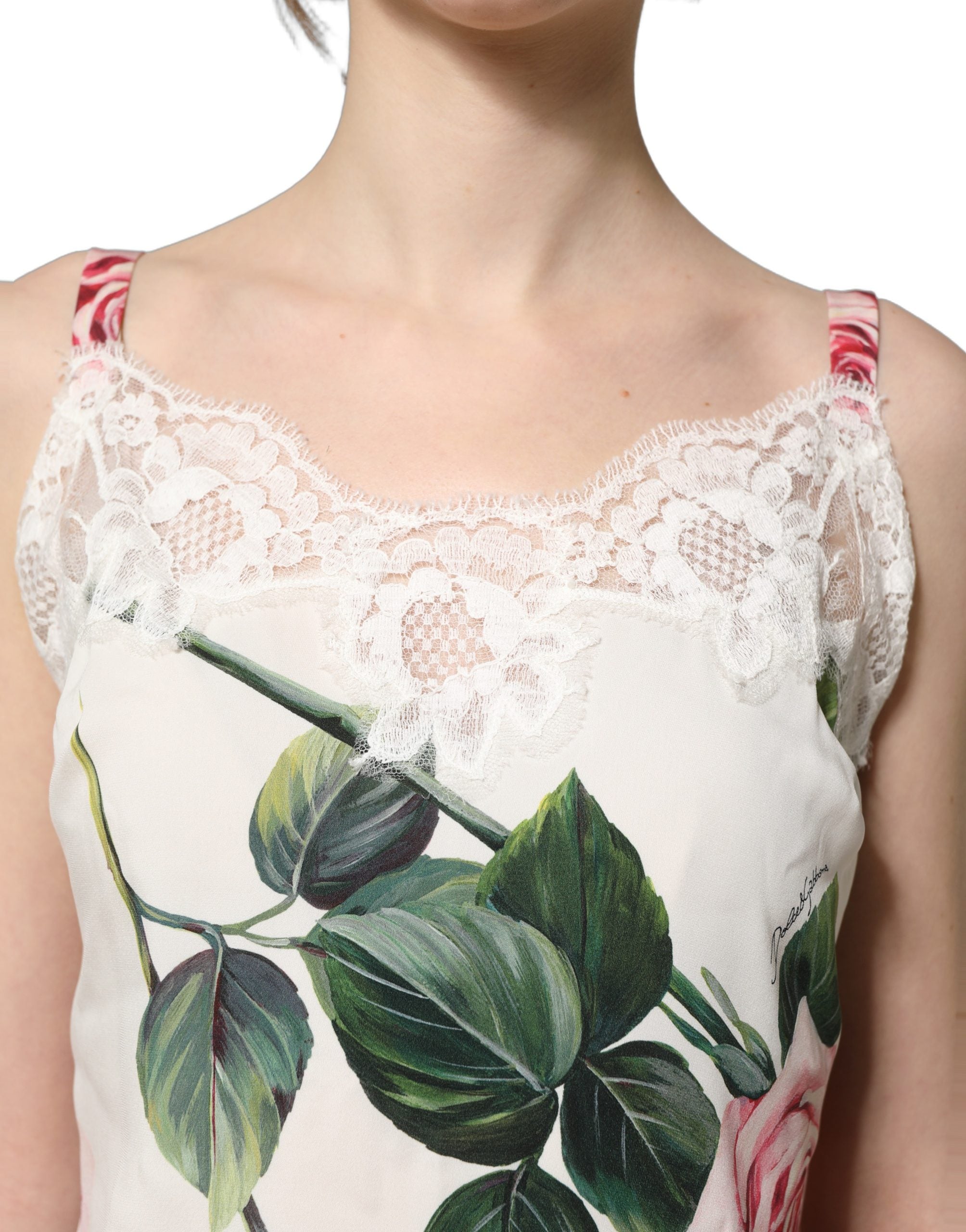 White Rose Print Lace Silk Camisole Tank Top