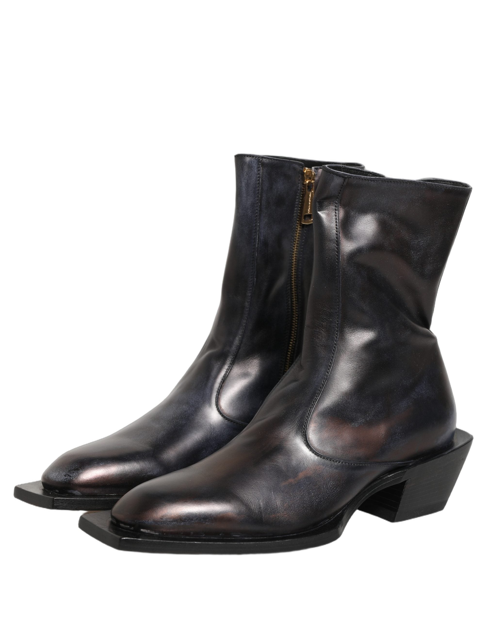 Black Leather Shiny Tex Mid Calf Boots Shoes
